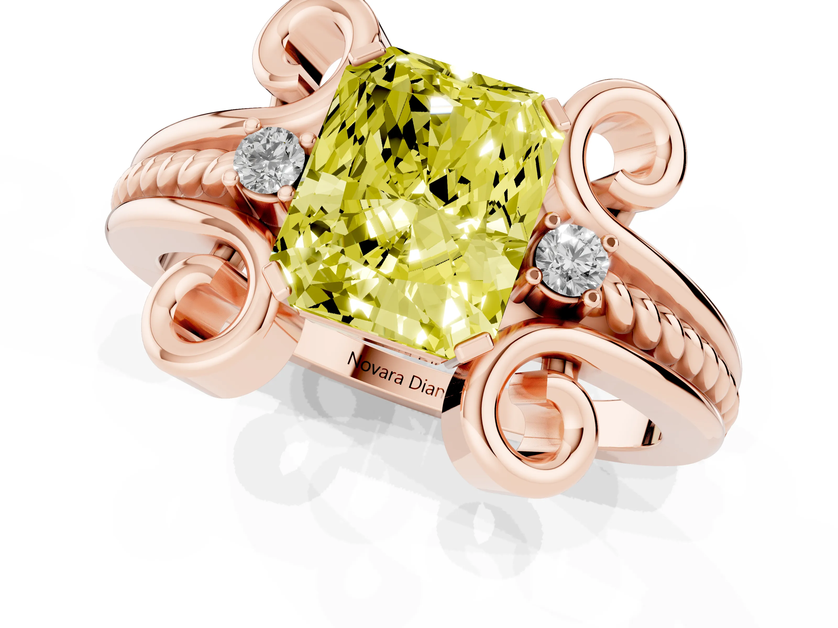 Fancy Yellow Radiant Cut Diamond Twisted Band Solitaire Ring Set in Rose gold with Scroll Prongs