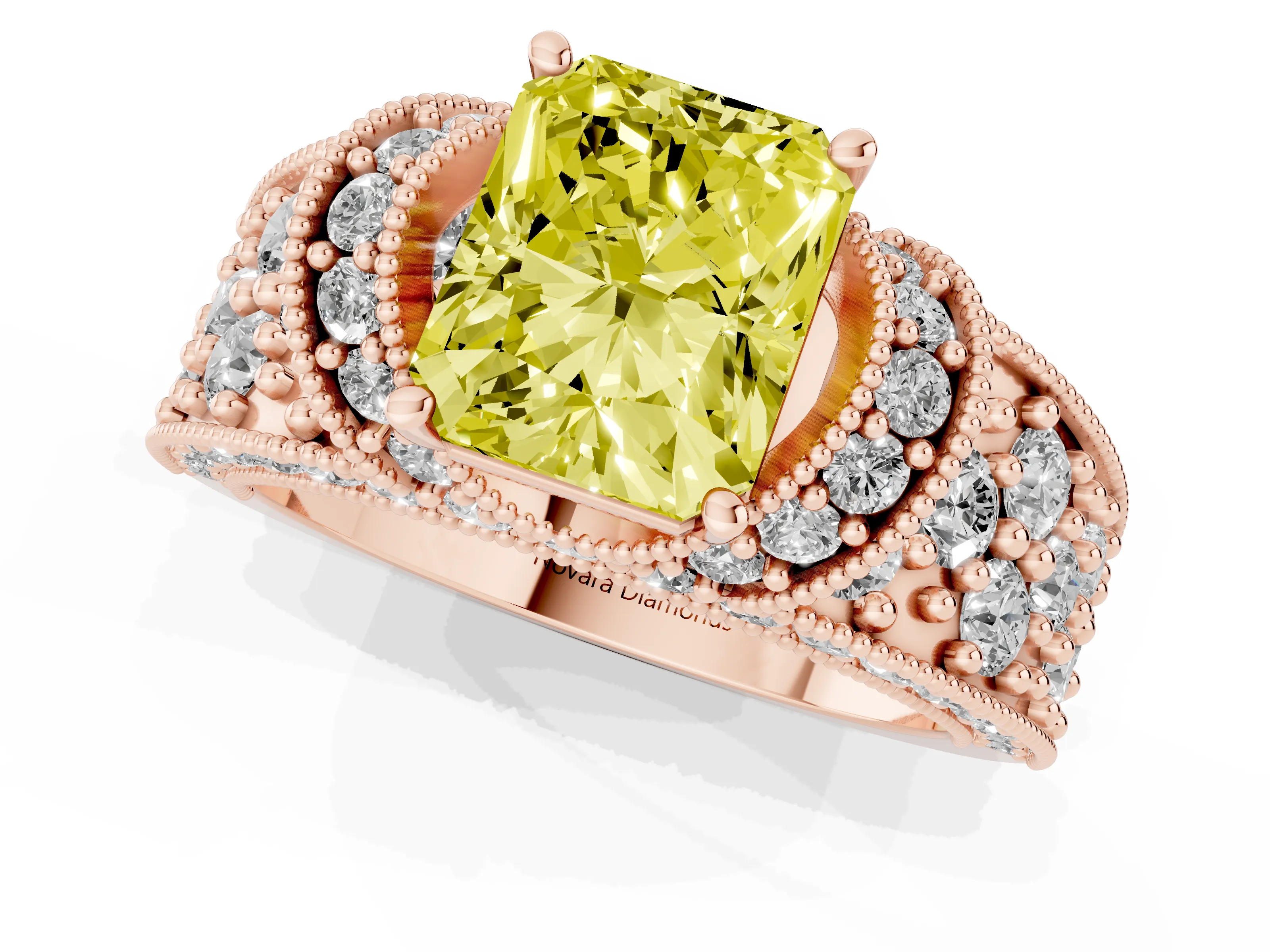 Fancy Yellow Radiant Cut Diamond Milgrain Halo Pavé Engagement Ring Set in Rose gold with Prong Setting