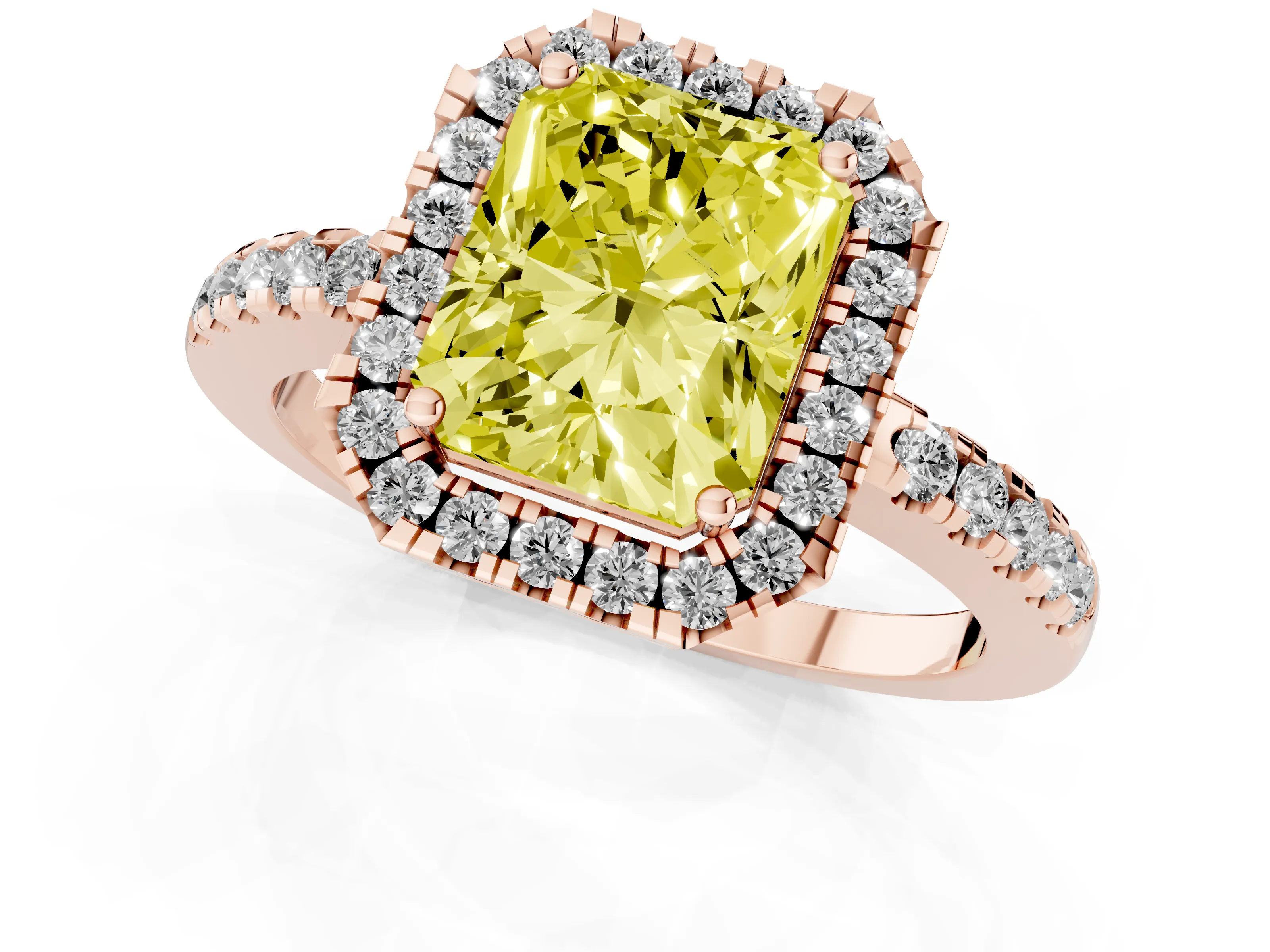 Fancy Yellow Radiant Cut Diamond Pavé Band Halo Engagement Ring Set in Rose gold with Prong Setting