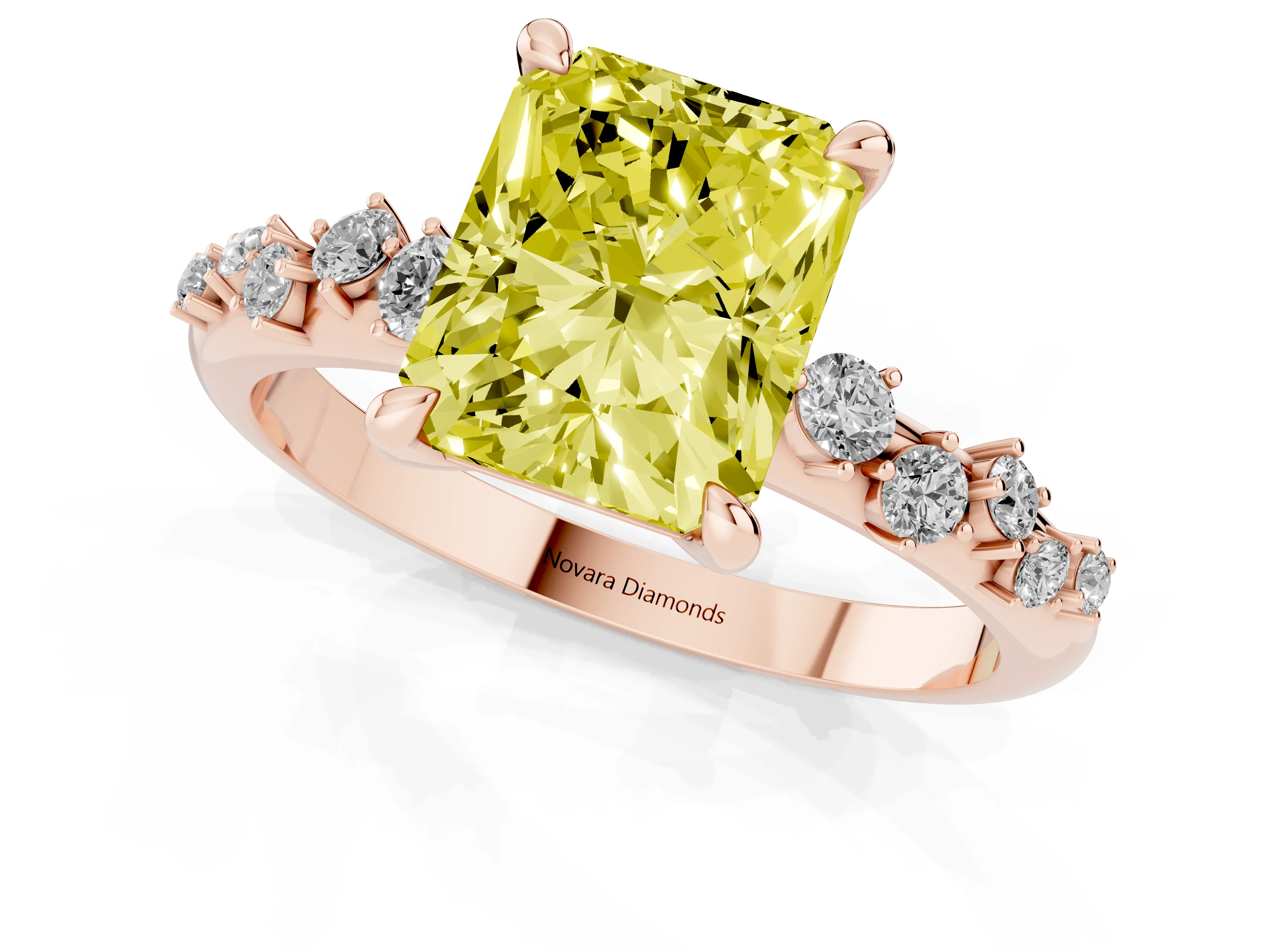 Fancy Yellow Radiant Cut Diamond Solitaire Vine Band Ring Set in Rose gold with Round Accents and Prong Setting – second view