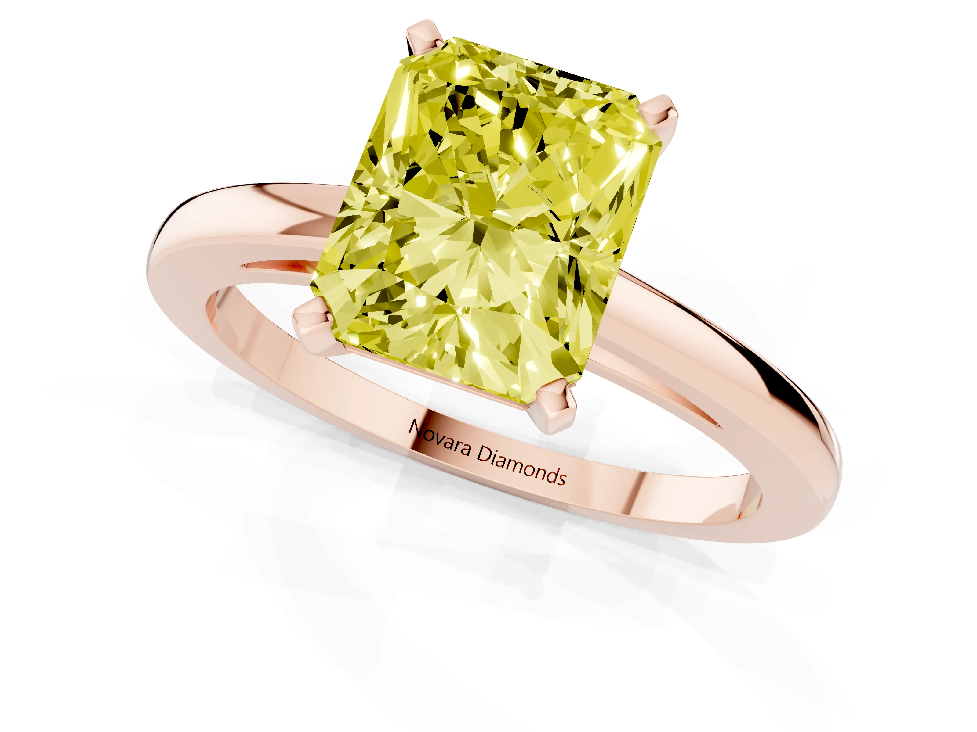 Fancy Yellow Radiant Cut Diamond Solitaire Engagement Ring Set in Rose gold with Prong Setting on a Classic Band