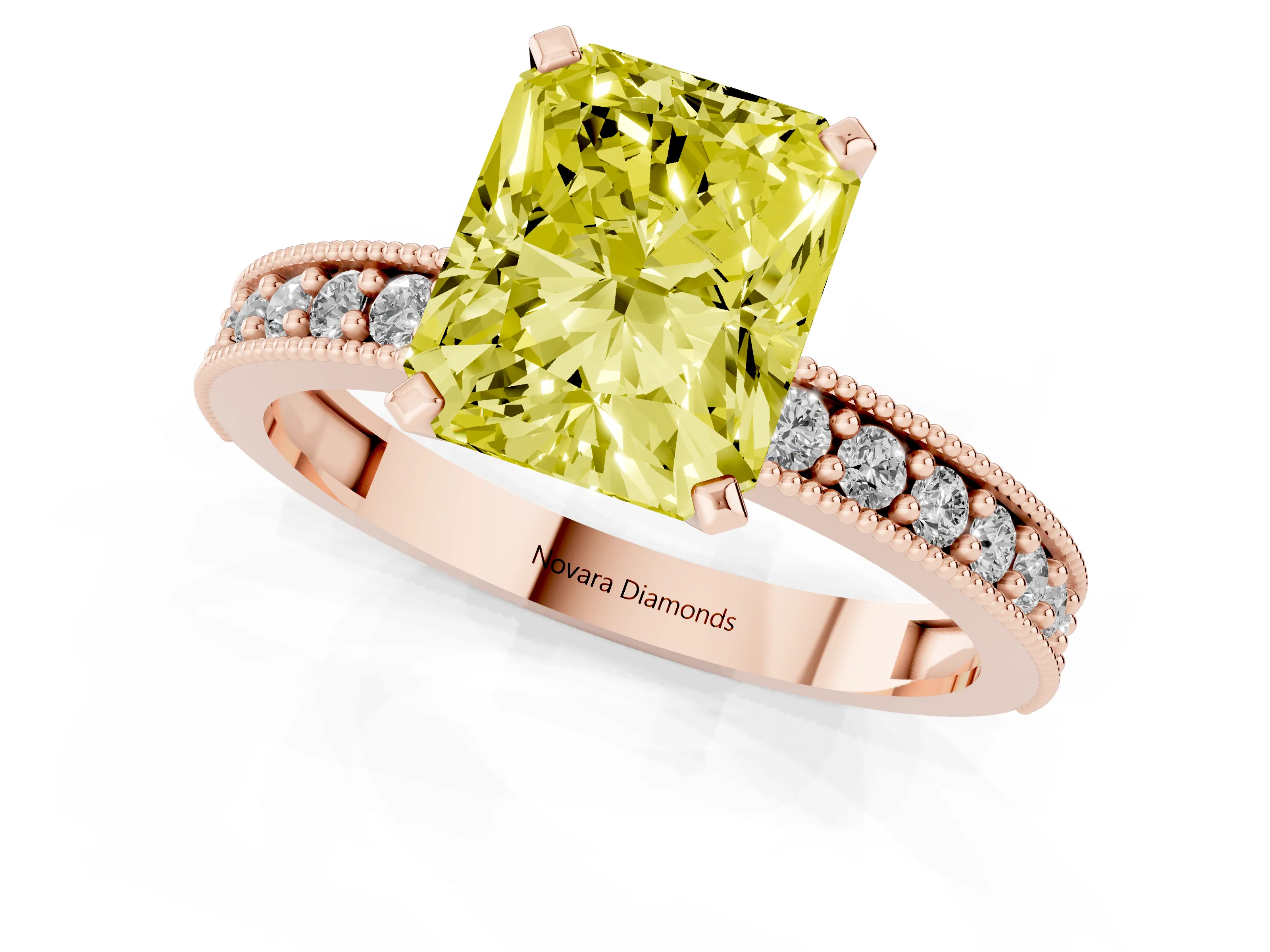 Fancy Yellow Radiant Cut Diamond Milgrain Pavé Engagement Ring Set in Rose gold with Prong Setting