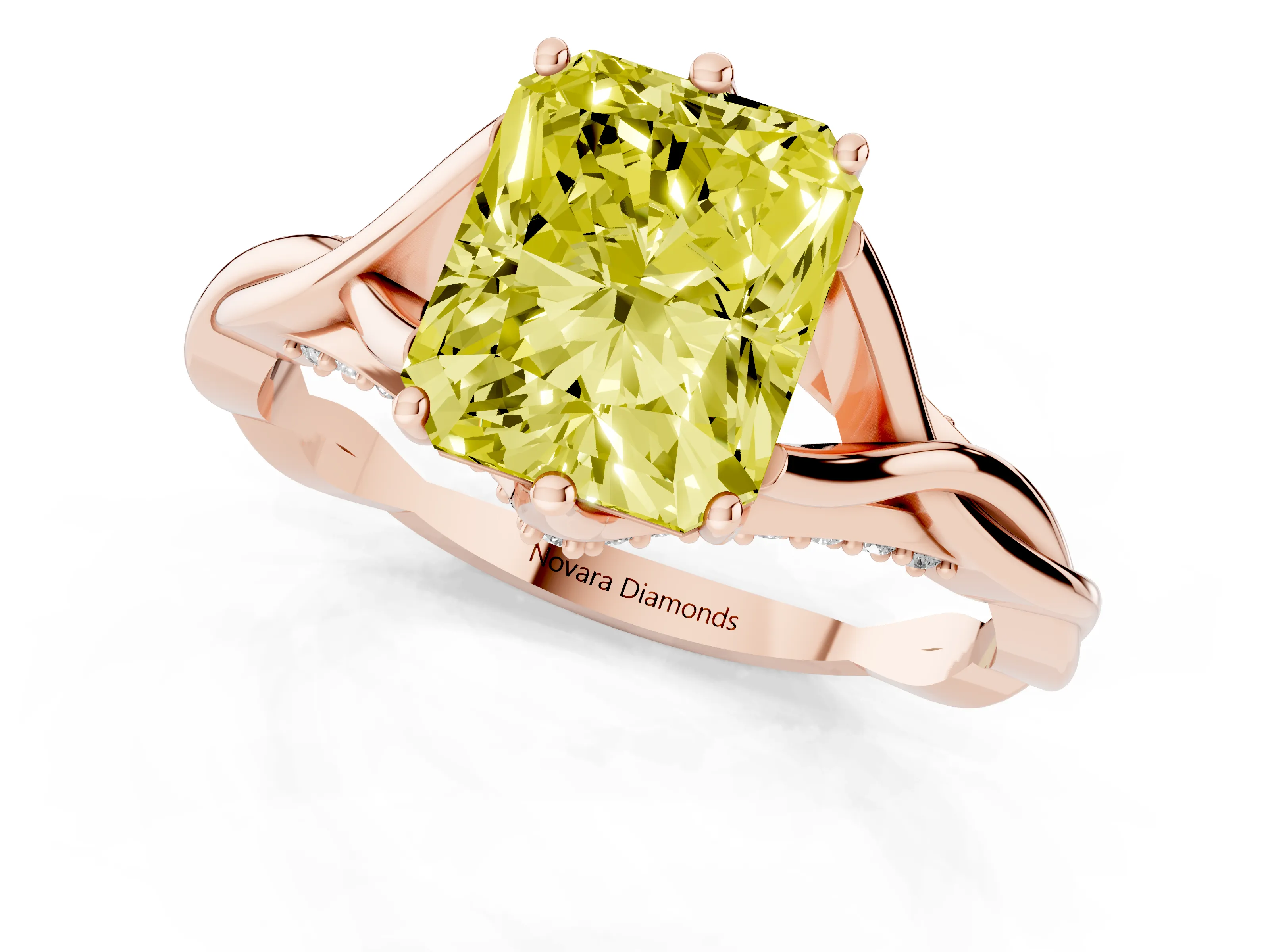 Fancy Yellow Radiant Cut Diamond Intertwined Twist Band Solitaire Ring Set in Rose gold with Prong Setting