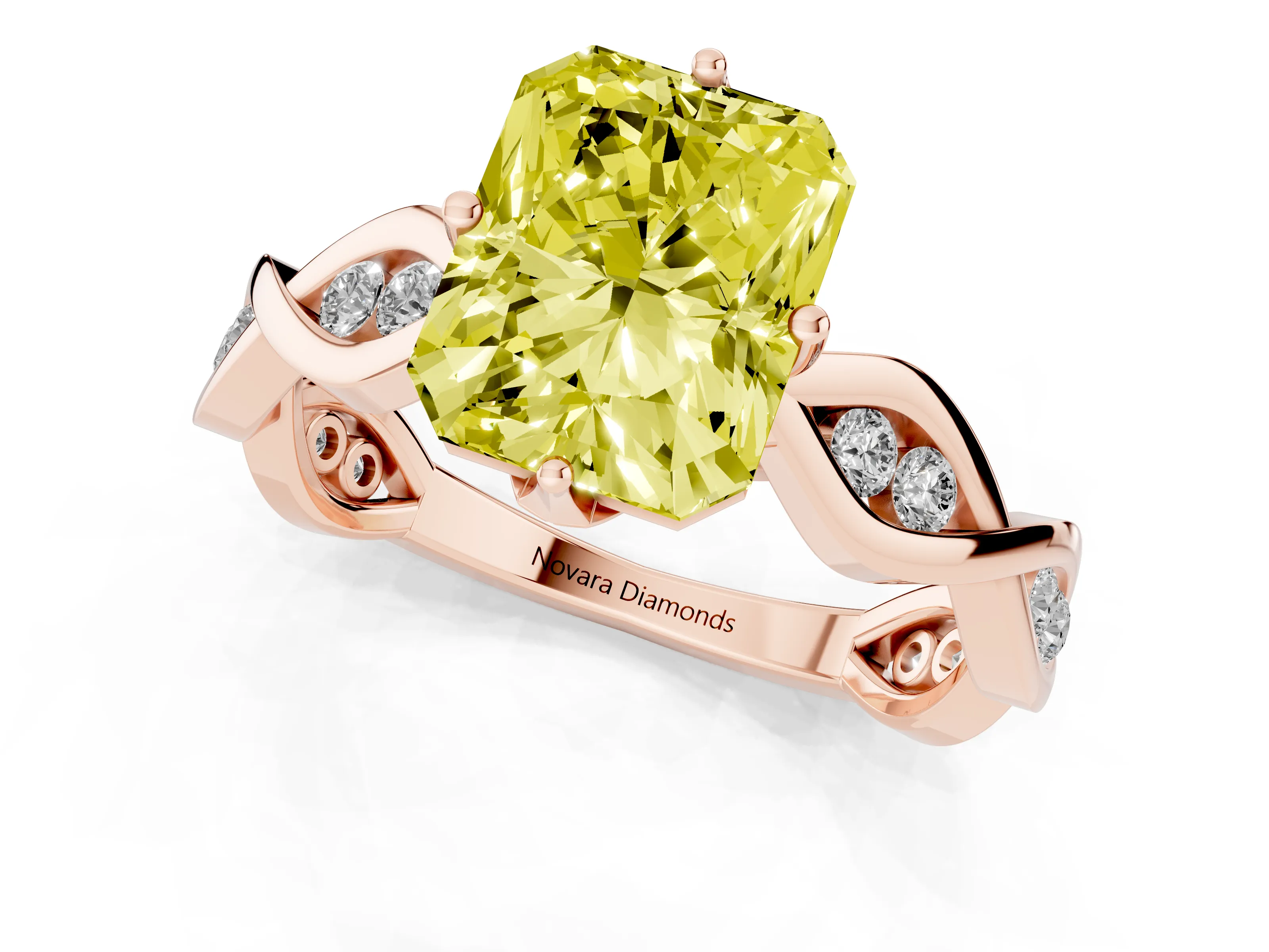 Fancy Yellow Radiant Cut Diamond Twist Band Solitaire Ring Set in Rose gold with Leaf Prong Setting and Accent Stones