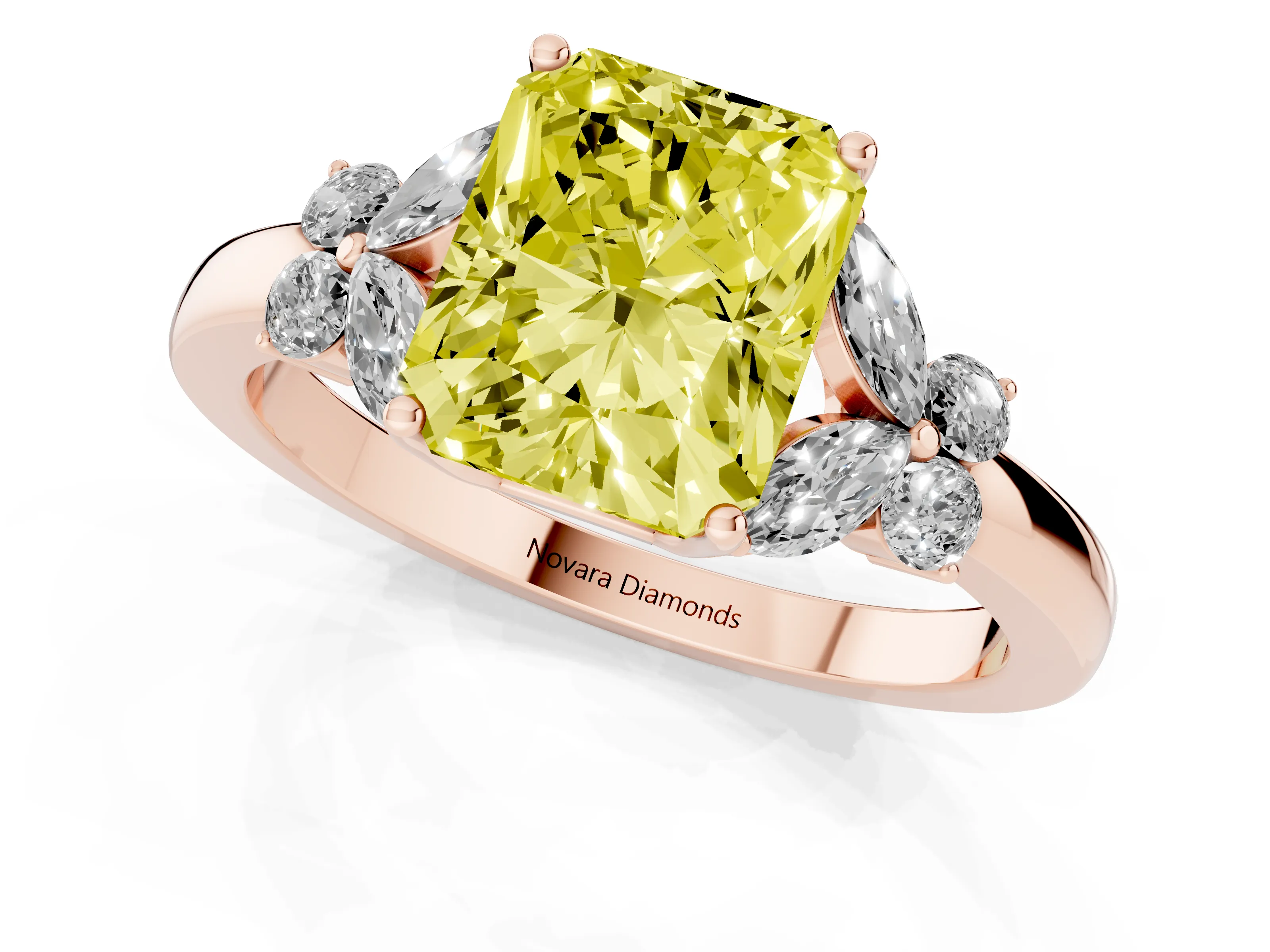 Fancy Yellow Radiant Cut Diamond Solitaire Floral Ring Set in Rose gold with Marquise Petals and Prong Setting