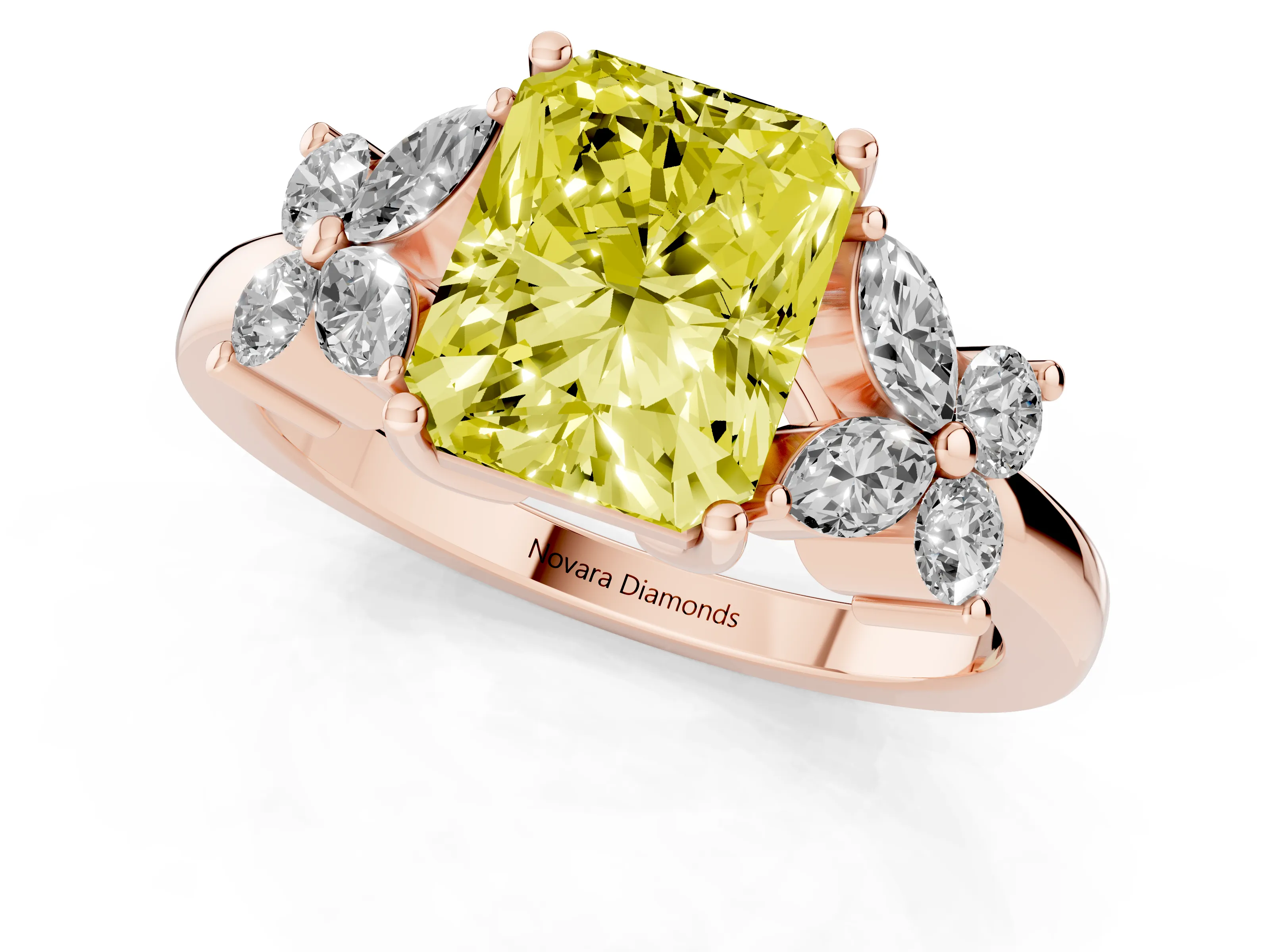 Fancy Yellow Radiant Cut Diamond Floral Cluster Ring Set in Rose gold with Marquise Petals and Prong Setting