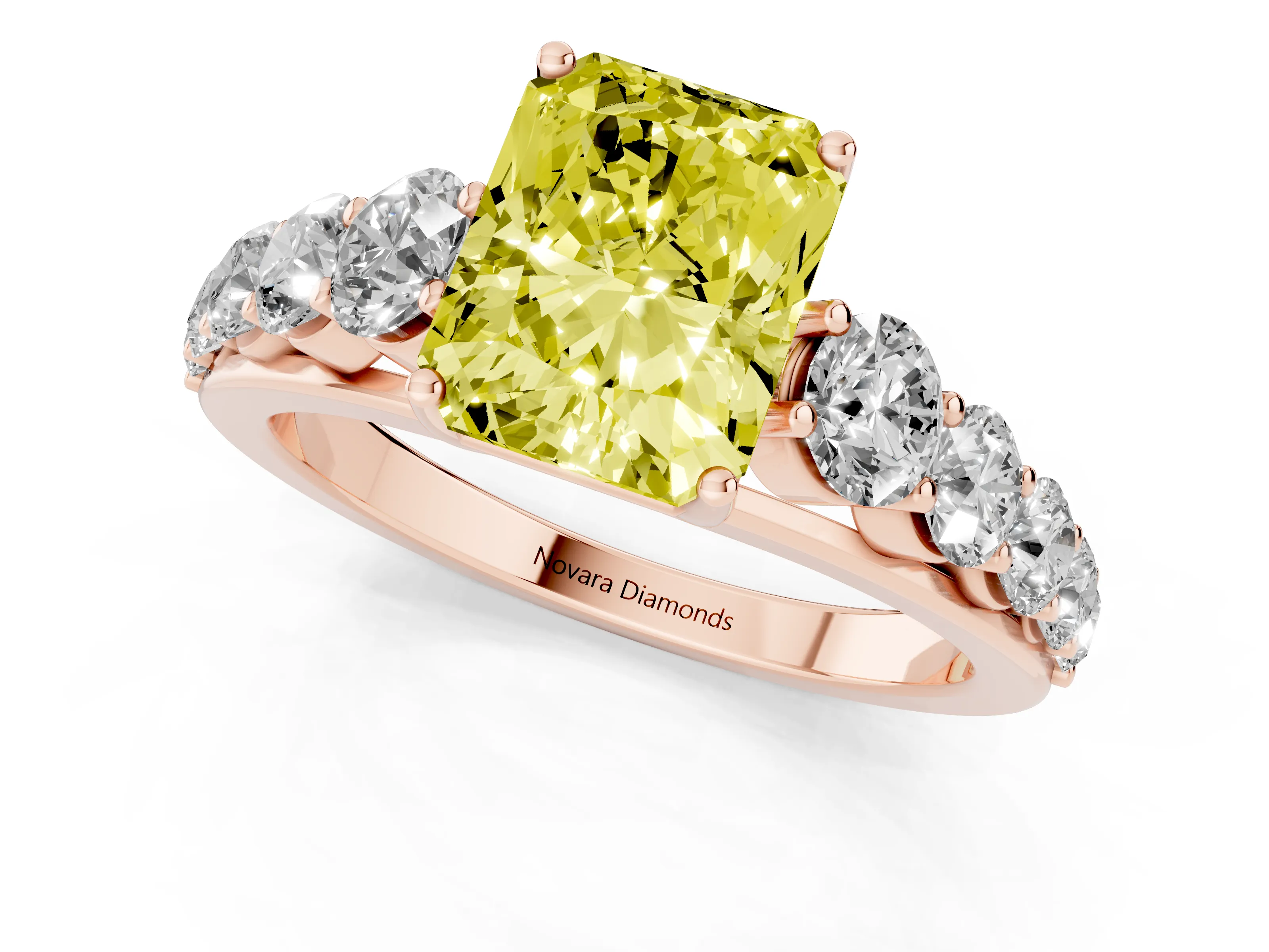 Fancy Yellow Radiant Cut Diamond Solitaire Ring Set in Rose gold with Pavé-Set Band and Prong Setting