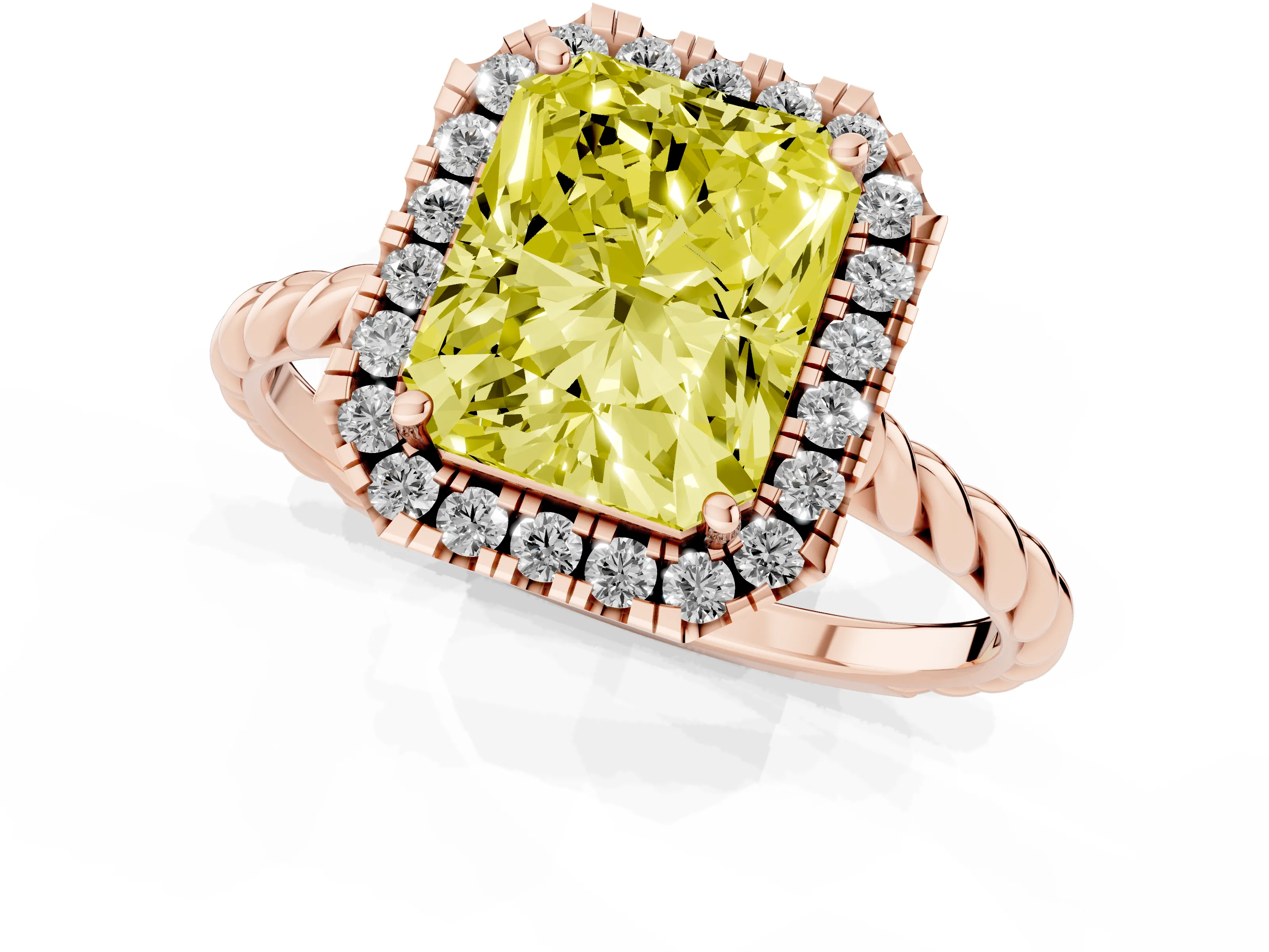 Fancy Yellow Radiant Cut Diamond Halo Ring Set in Rose gold with Plain Twisted Band