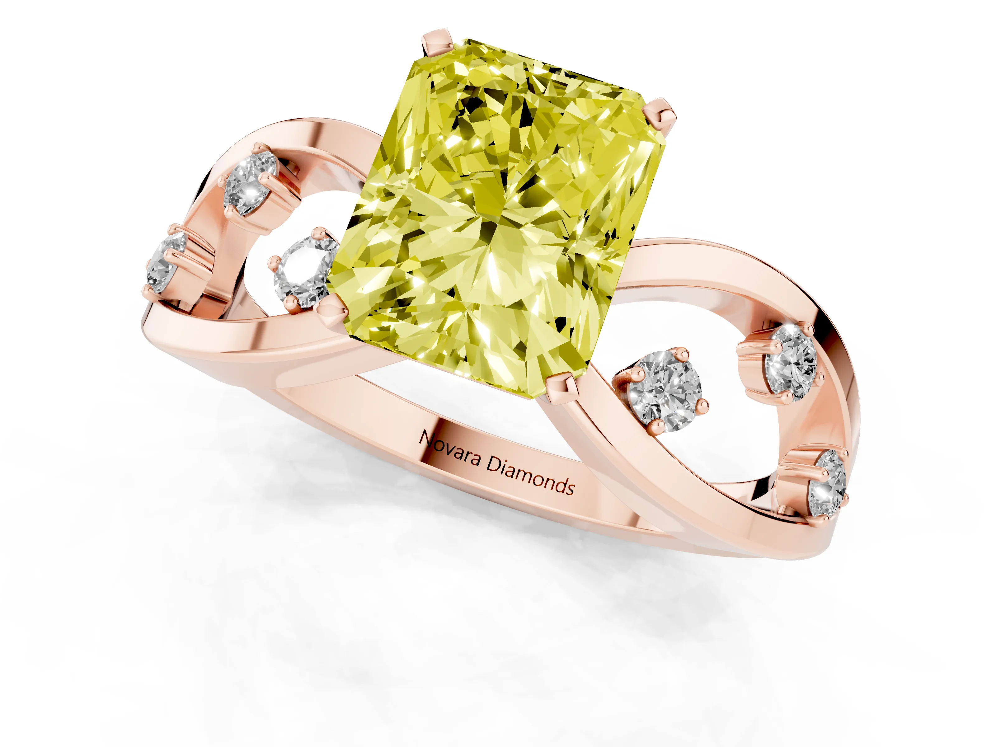Fancy Yellow Radiant Cut Diamond Solitaire Ring Set in Rose gold with Side Stones on Criss-Cross Band and Prong Setting
