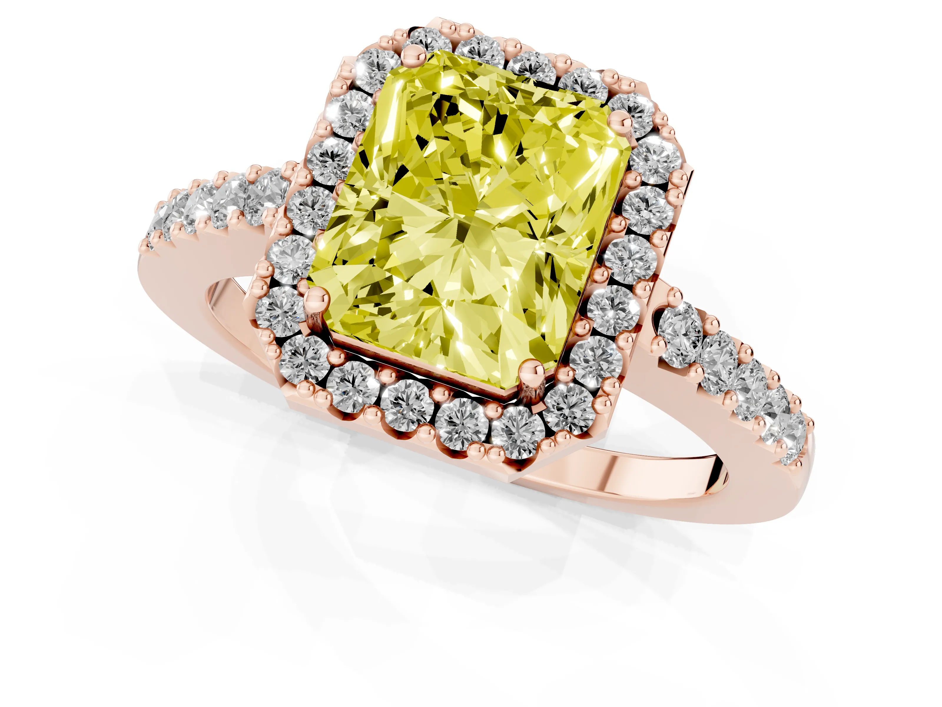 Fancy Yellow Radiant Cut Diamond Halo Pavé Solitaire Ring Set in Rose gold with Prong-Set Center Stone