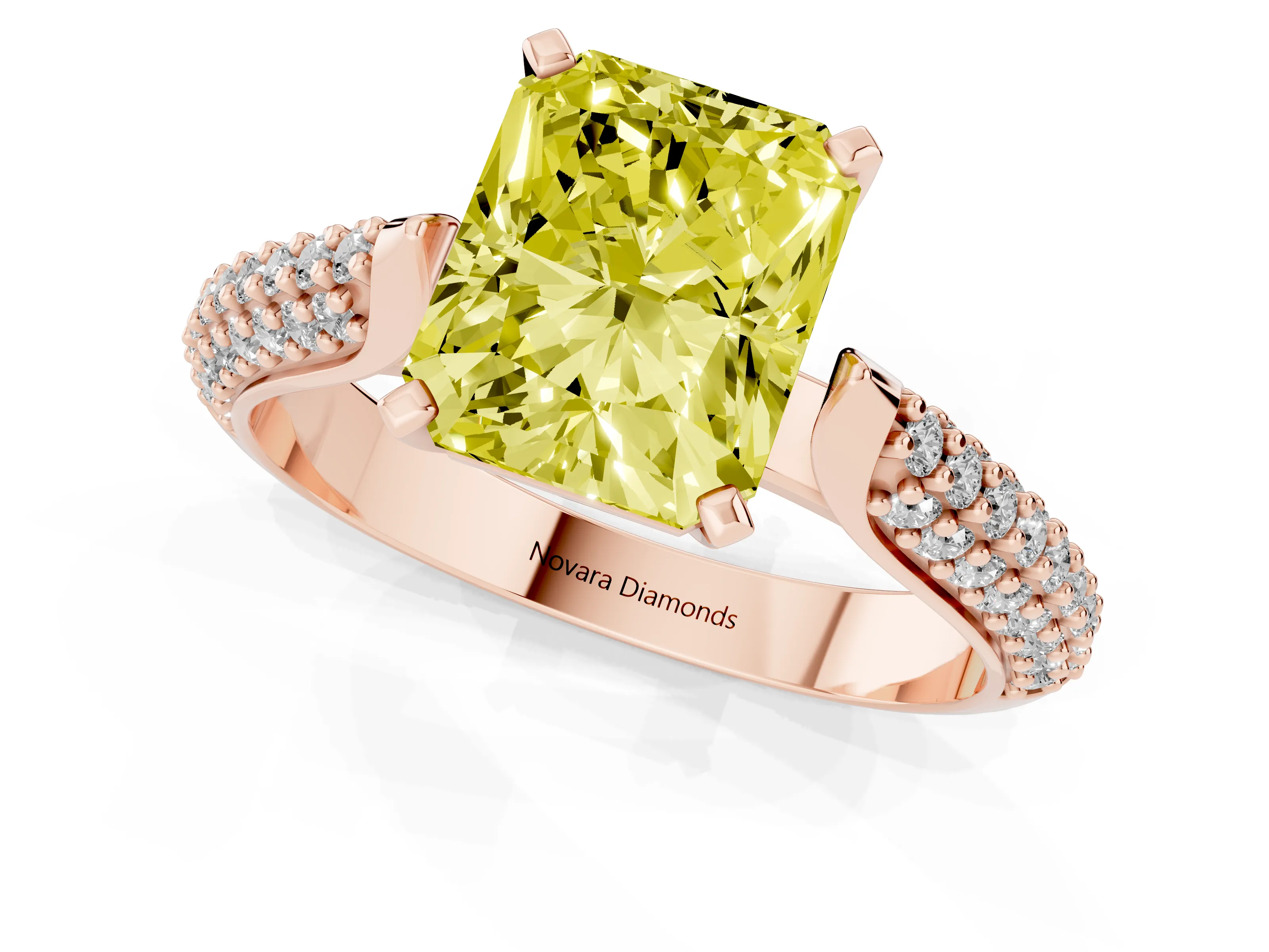 Fancy Yellow Radiant Cut Diamond Solitaire Engagement Ring Set in Rose gold with Multi-Row Round Pavé Band and Prong Setting