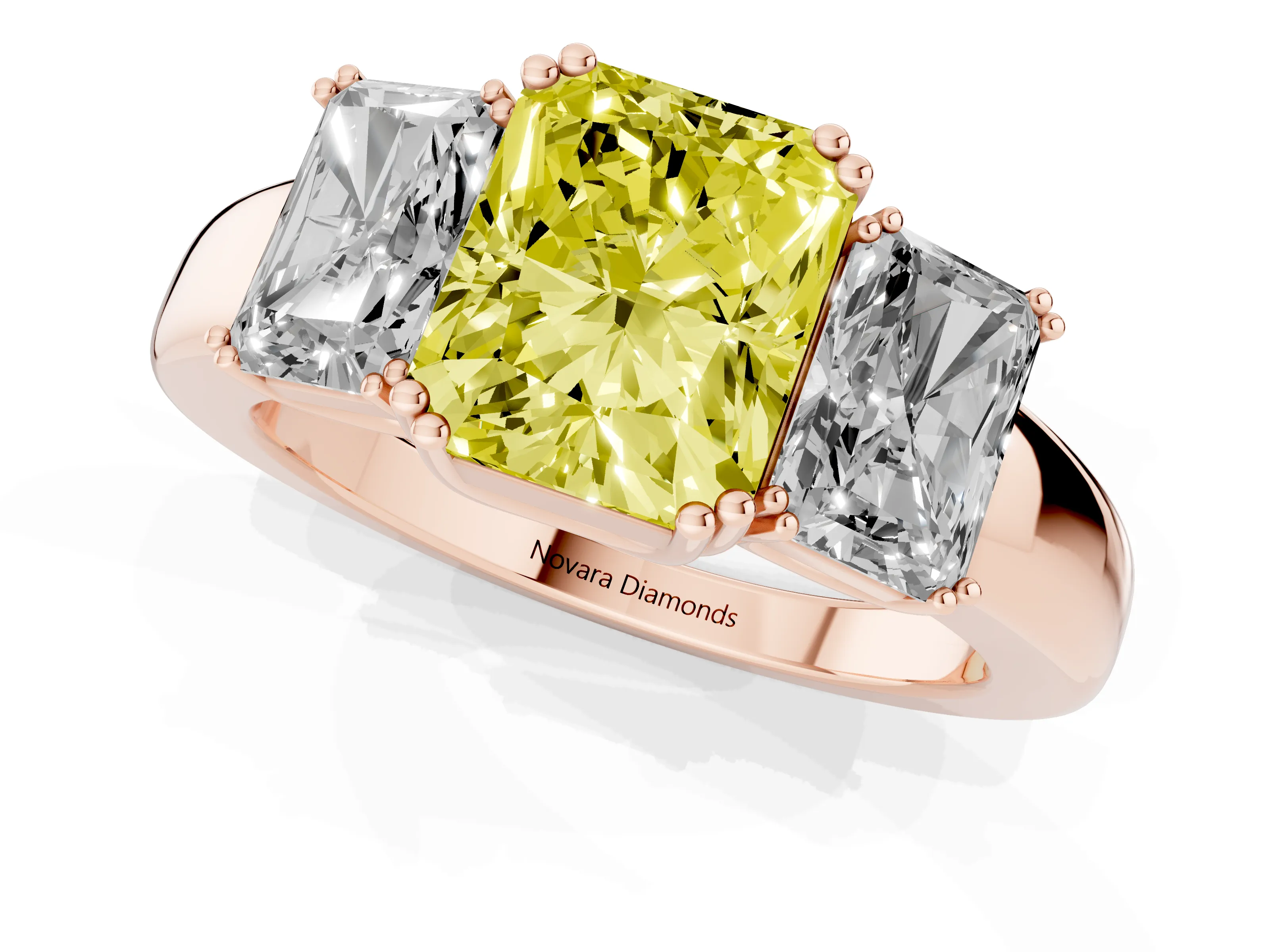 Fancy Yellow Radiant Cut Diamond Three-Stone Ring Set in Rose gold with Polished Channel-Set Band
