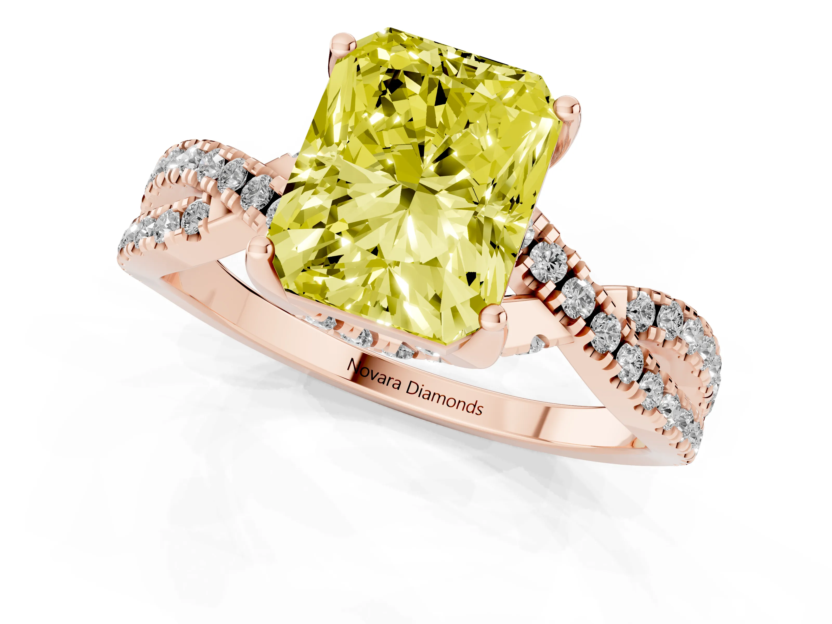Fancy Yellow Radiant Cut Diamond Twist Pavé Solitaire Engagement Ring Set in Rose gold with Prong Setting