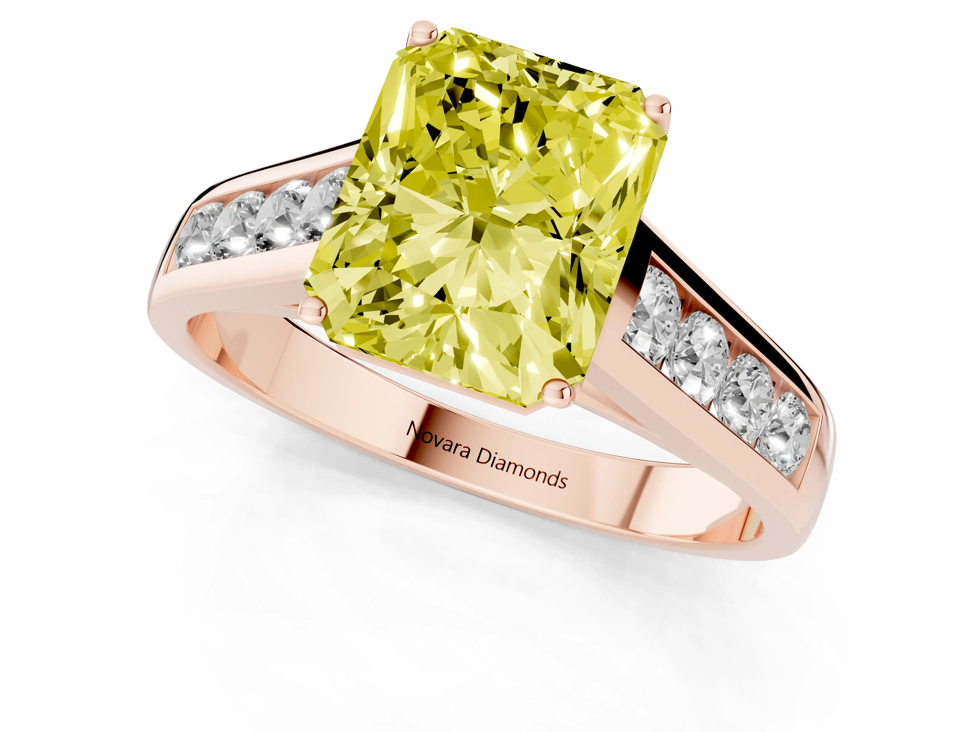 Fancy Yellow Radiant Cut Diamond Brilliant Channel-Set Solitaire Ring Set in Rose gold with Prong Setting