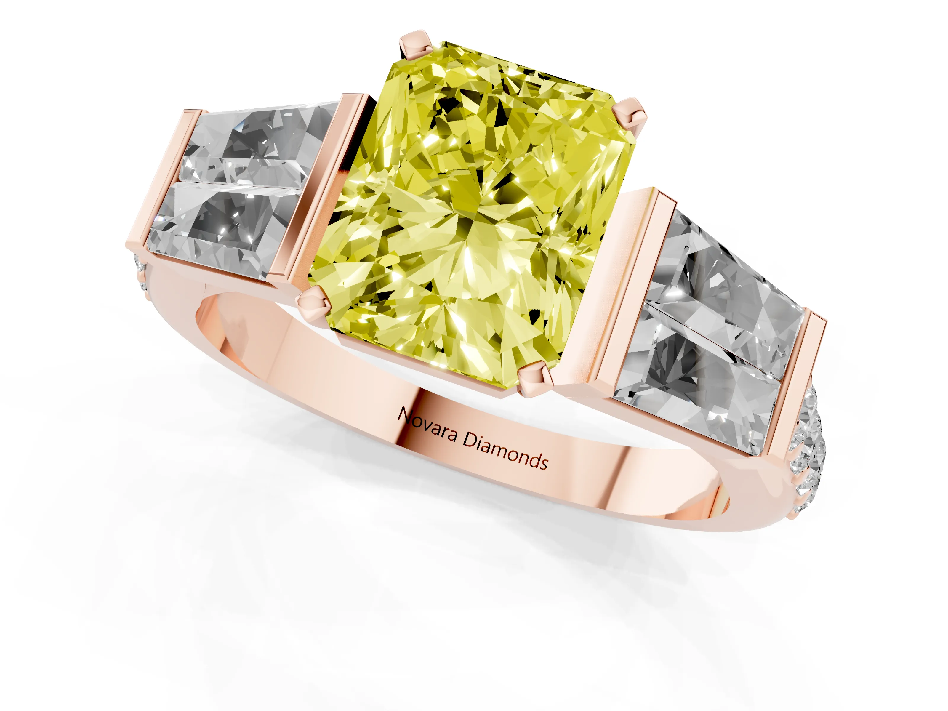 Fancy Yellow Radiant Cut Diamond Engagement Ring Set in Rose gold with Baguette Side Stones and Channel Set Band