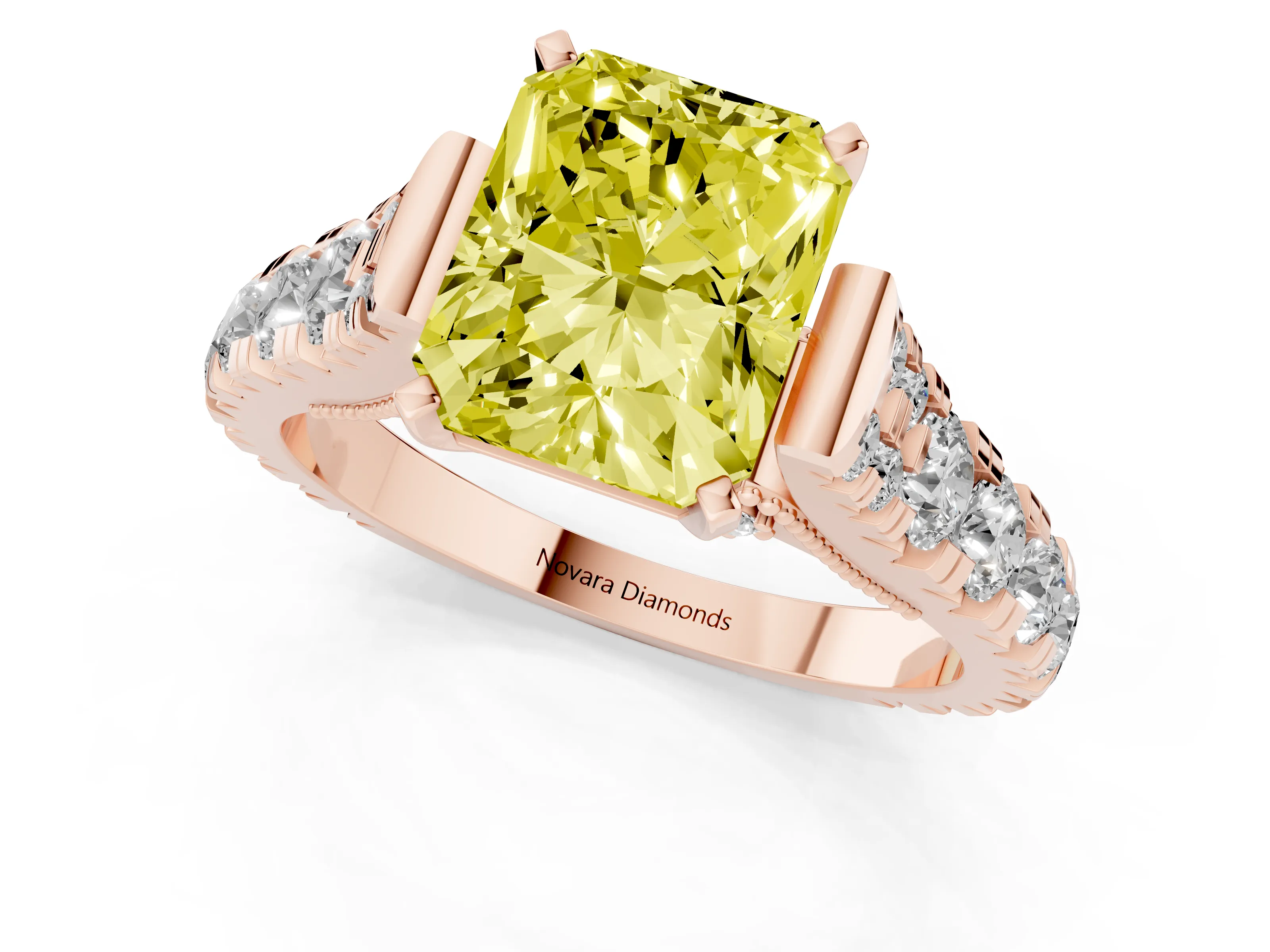 Fancy Yellow Radiant Cut Diamond Classic Solitaire Ring Set in Rose gold with Pavé Band and Prong Setting