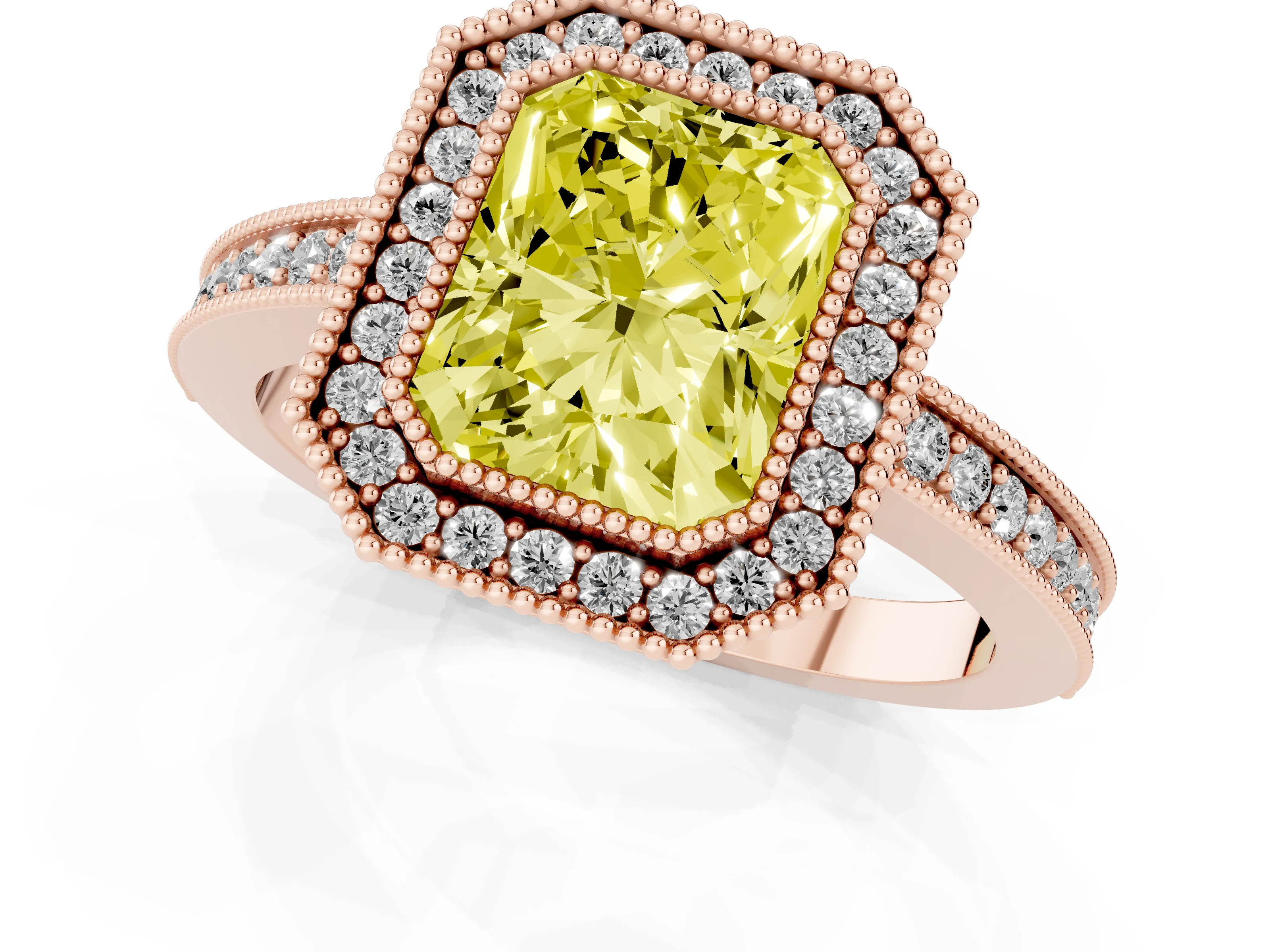 Fancy Yellow Radiant Cut Diamond Round Halo Ring Set in Rose gold with Pavé Band