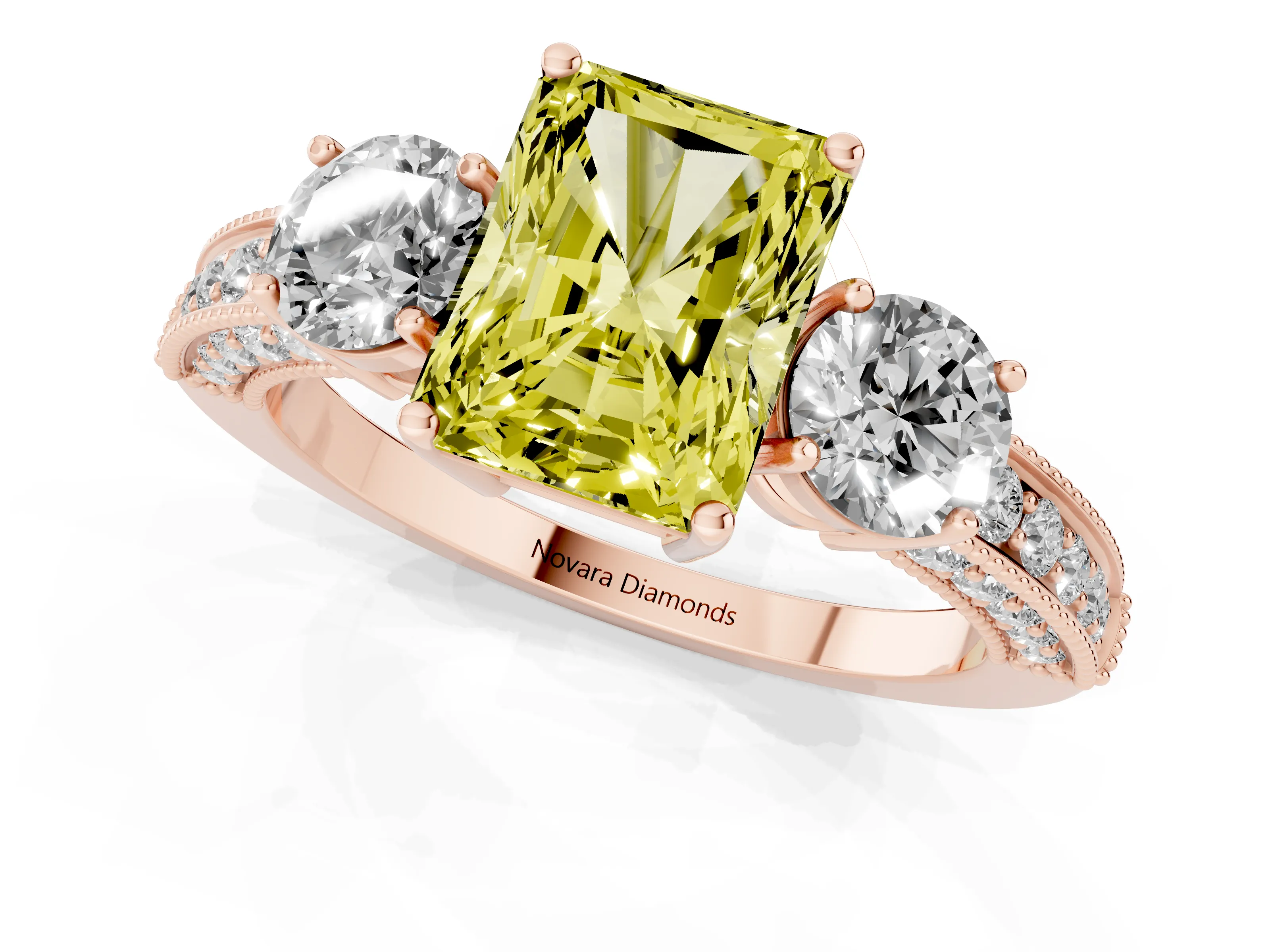 Fancy Yellow Radiant Cut Diamond Three-Stone Ring Set in Rose gold with Round Side Stones and Pavé Band
