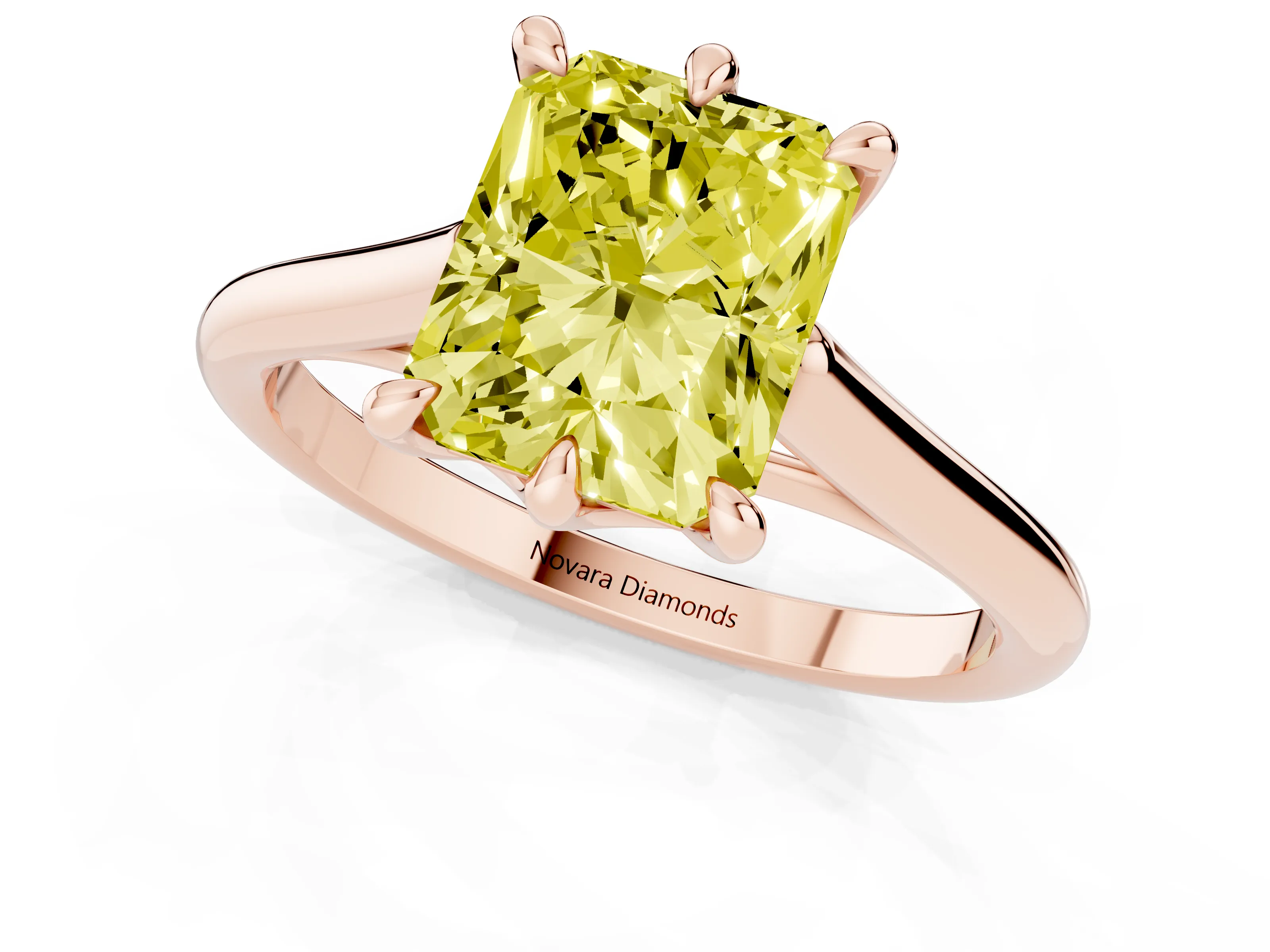 Fancy Yellow Radiant Cut Diamond Solitaire Engagement Ring Set in Rose gold with Prong Setting and Plain Classic Band