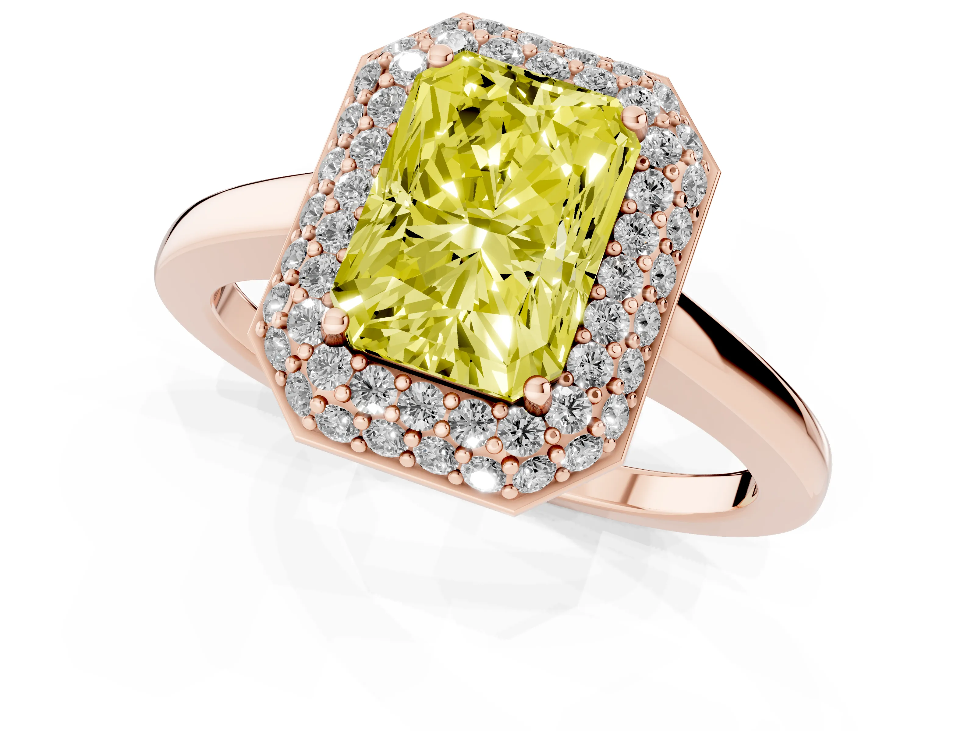 Fancy Yellow Radiant Cut Diamond Halo Engagement Ring Set in Rose gold with Solitaire Band and Prong Setting