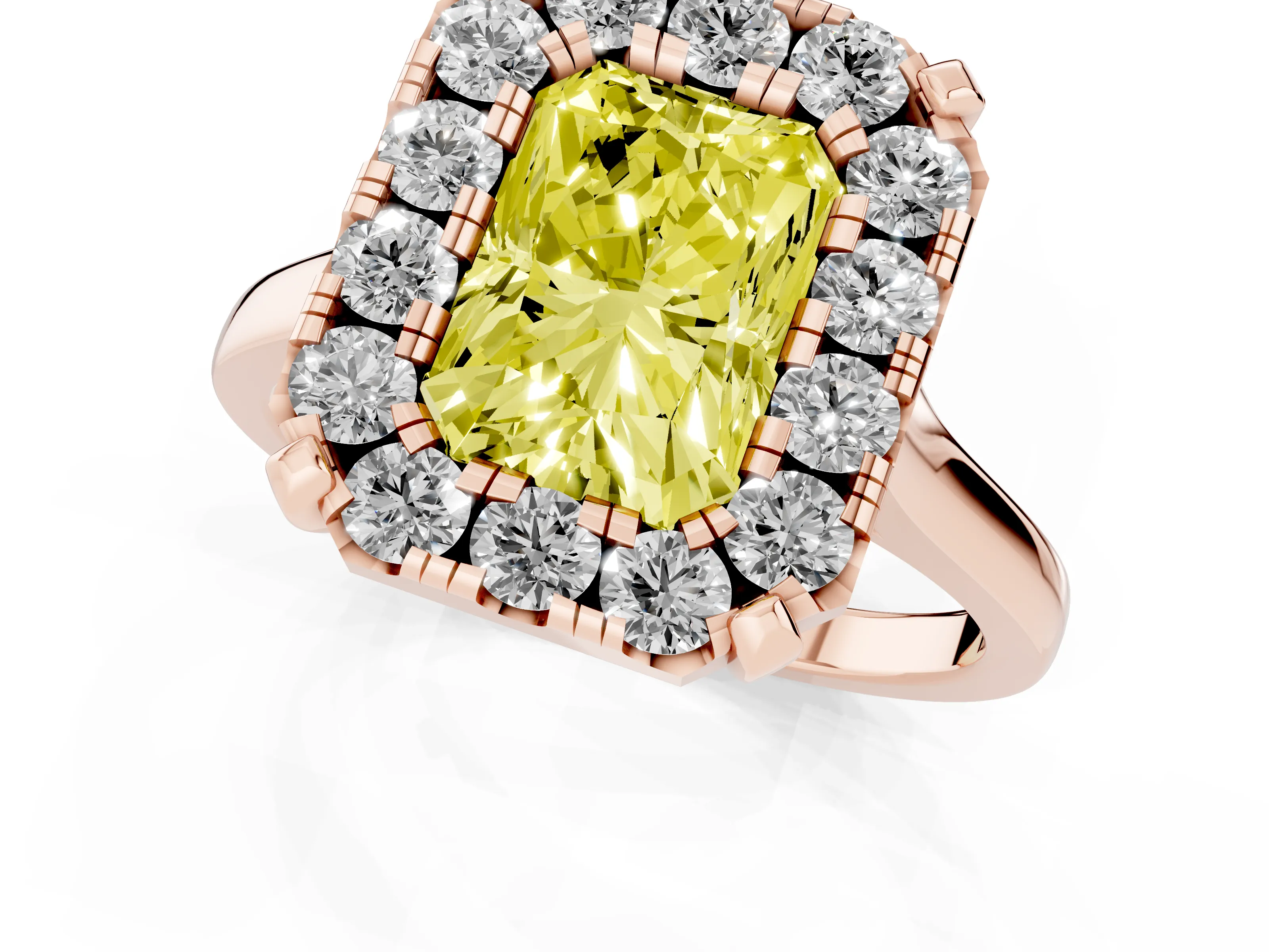 Fancy Yellow Radiant Cut Diamond Cluster Halo Solitaire Ring Set in Rose gold with Prong Setting