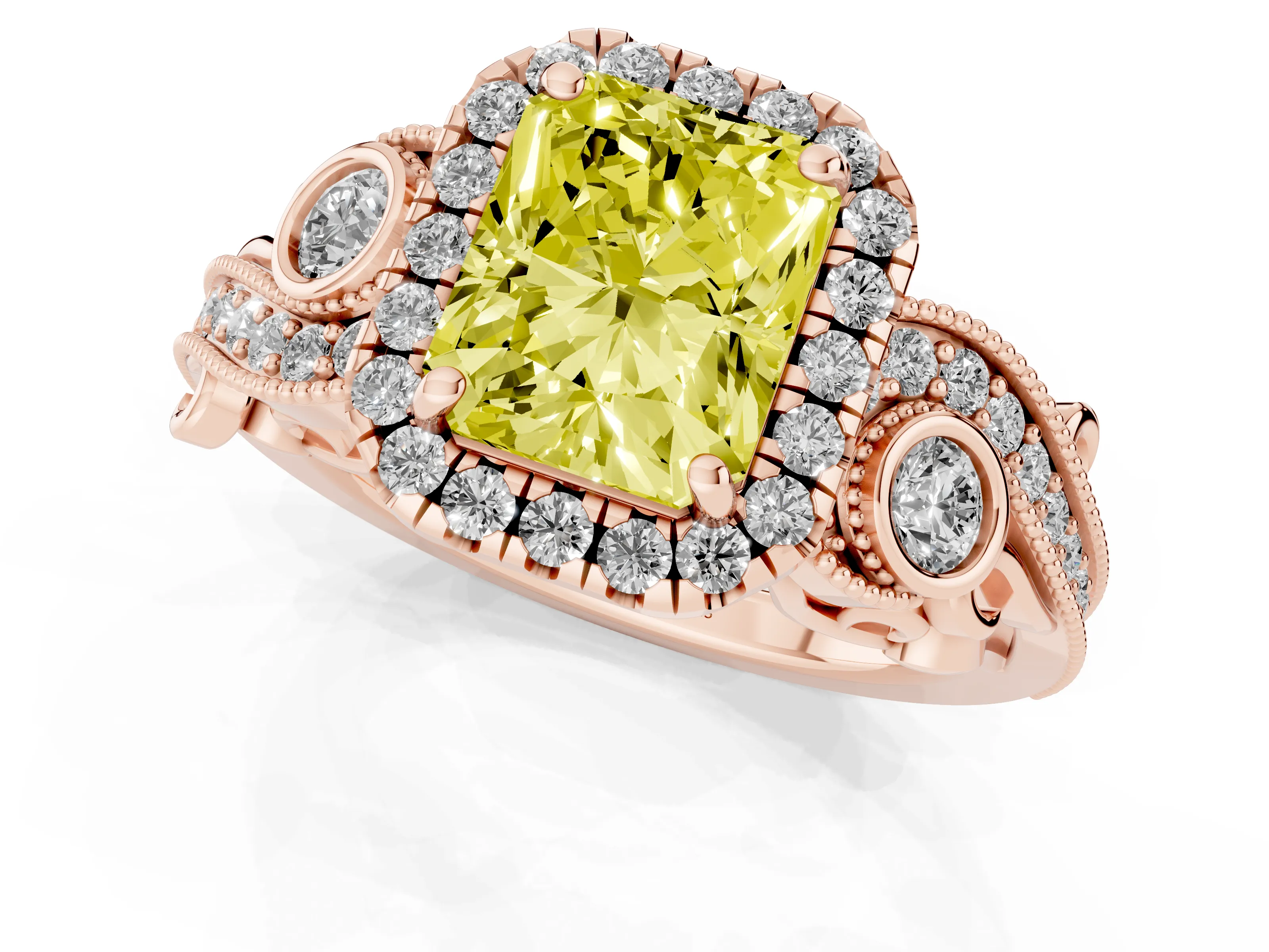 Fancy Yellow Radiant Cut Diamond Halo Ring Set in Rose gold with Milgrain Pavé Band and Prong Setting