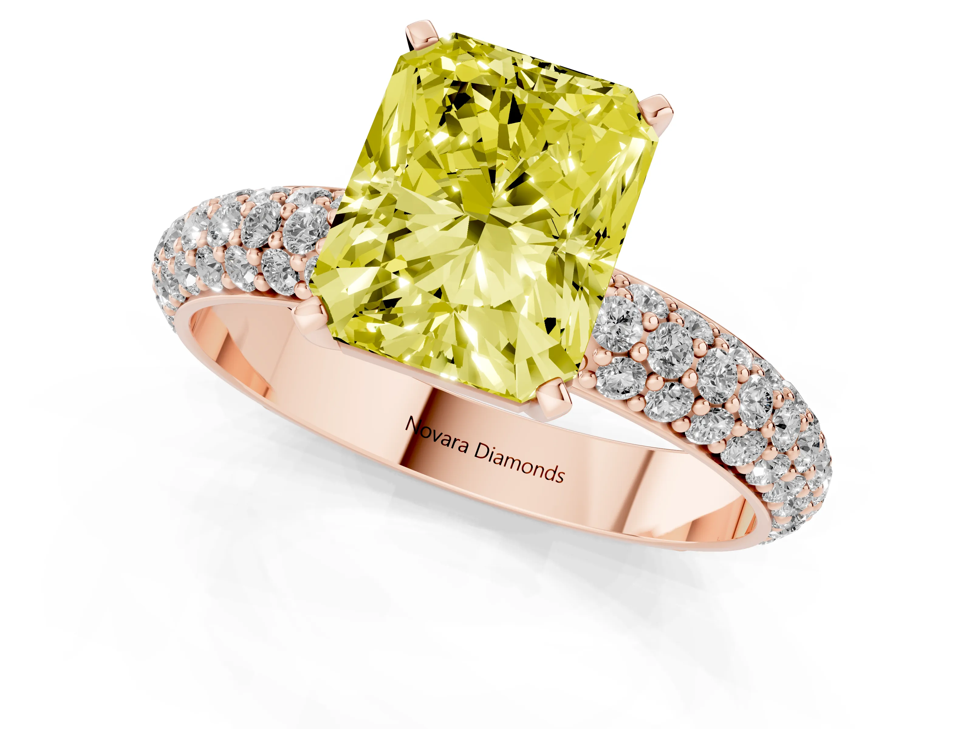 Fancy Yellow Radiant Cut Diamond Solitaire Ring Set in Rose gold with Prong Setting and Pavé-Set Band