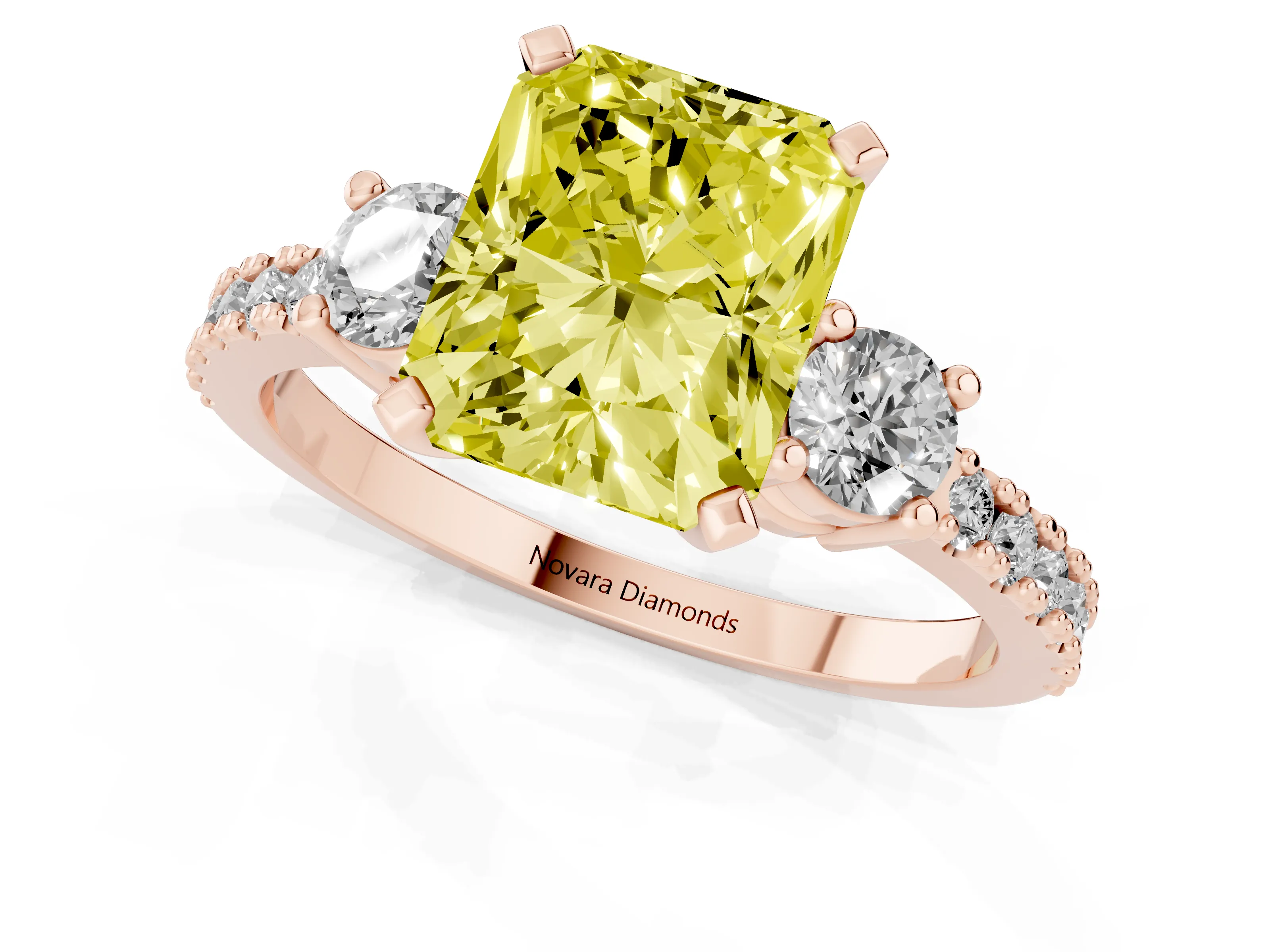 Fancy Yellow Three-Stone Radiant Cut Diamond Pavé Band Ring Set in Rose gold with Prong Setting