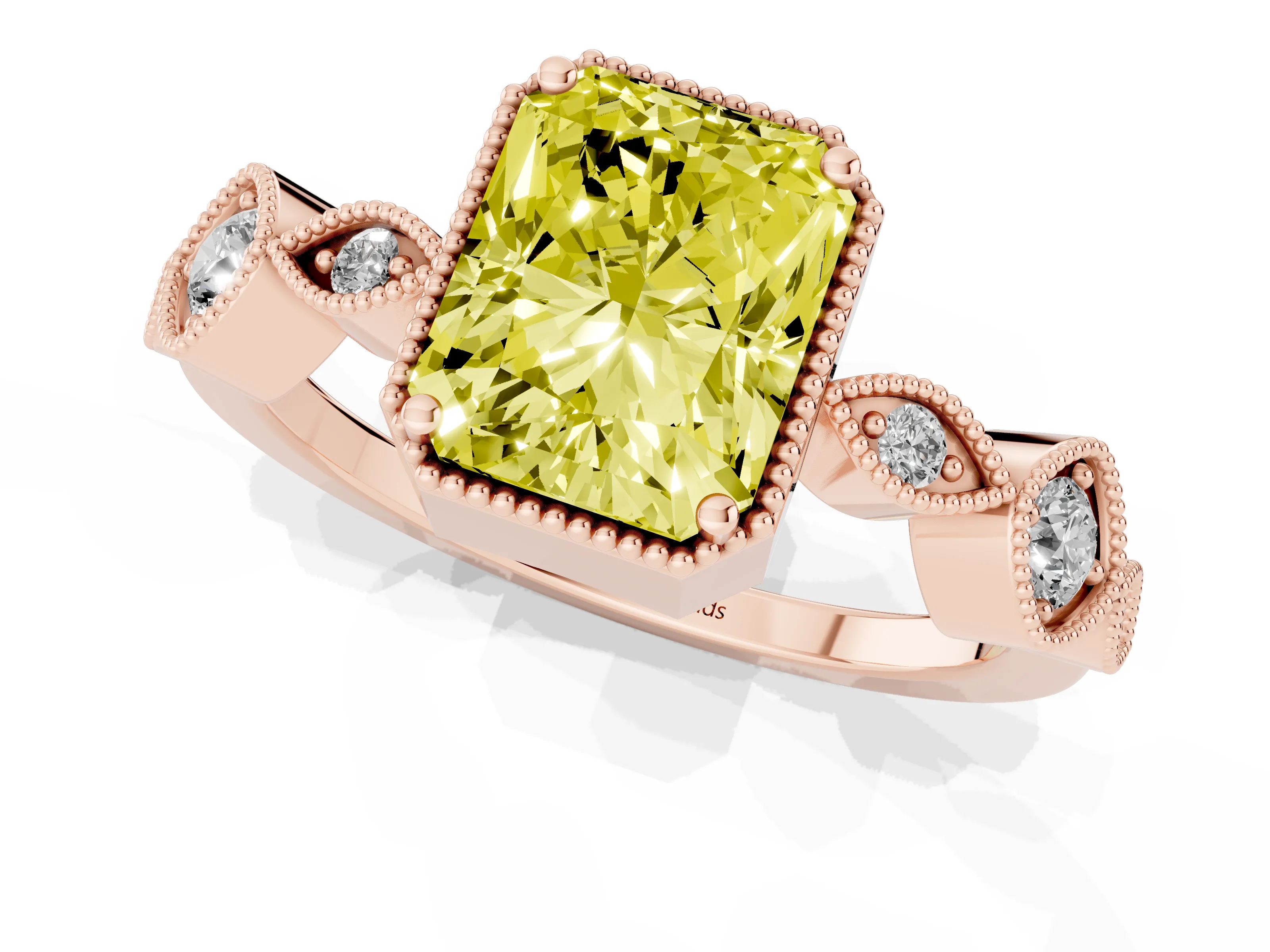 Fancy Yellow Radiant Cut Diamond Vintage-Inspired Milgrain Ring Set in Rose gold with Marquise Stations of Round Accents