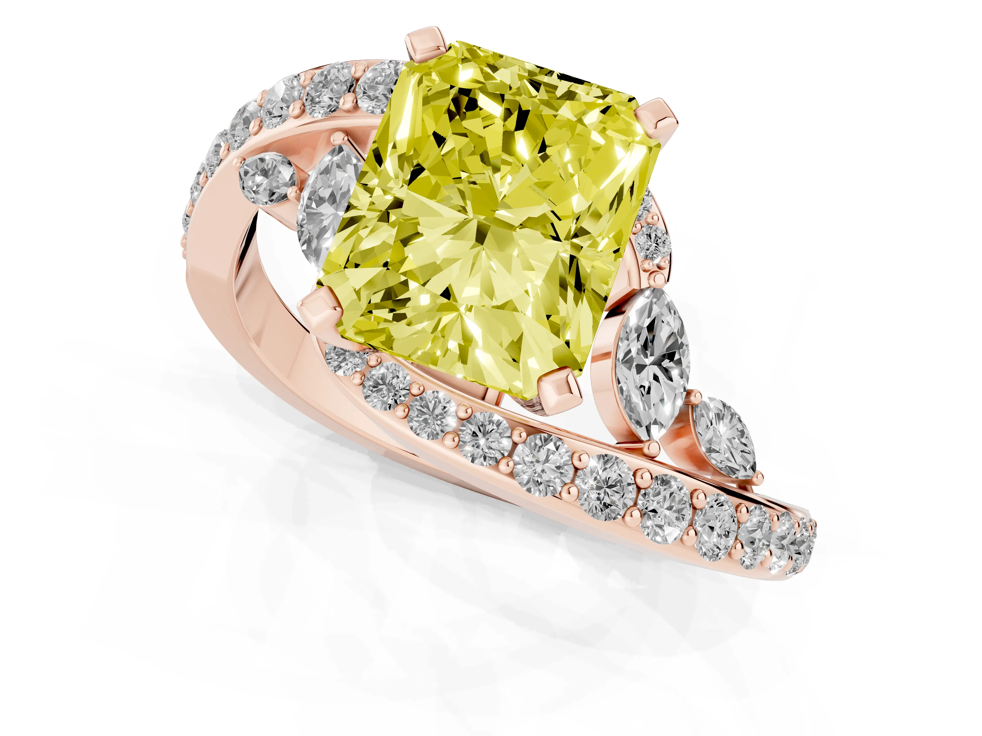 Fancy Yellow Radiant Cut Diamond Solitaire Ring Set in Rose gold with Pavé Twist Band and Secure Prong Setting