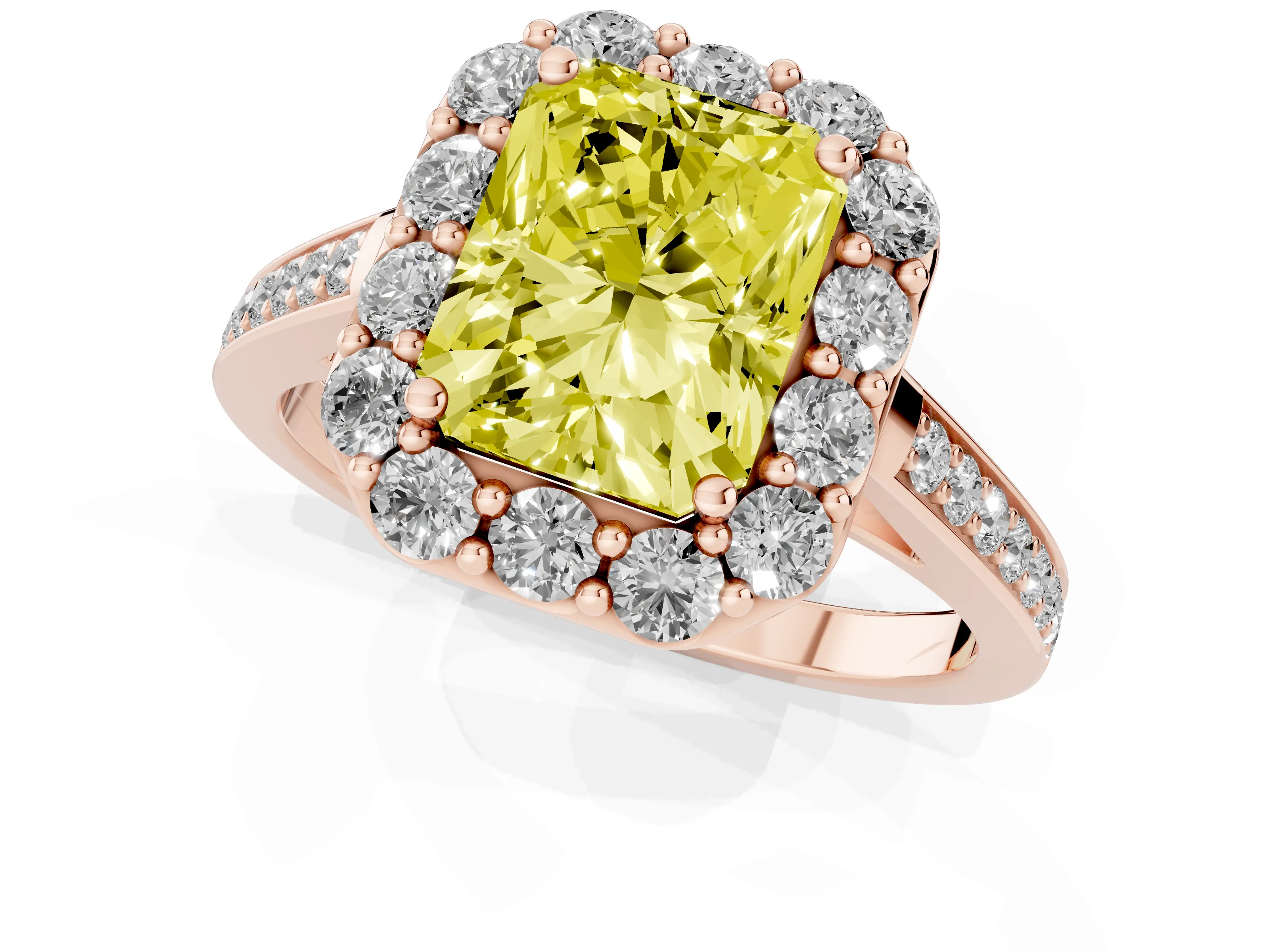 Fancy Yellow Radiant Cut Diamond Floral Halo Ring Set in Rose gold with Pavé Band and Prong Setting