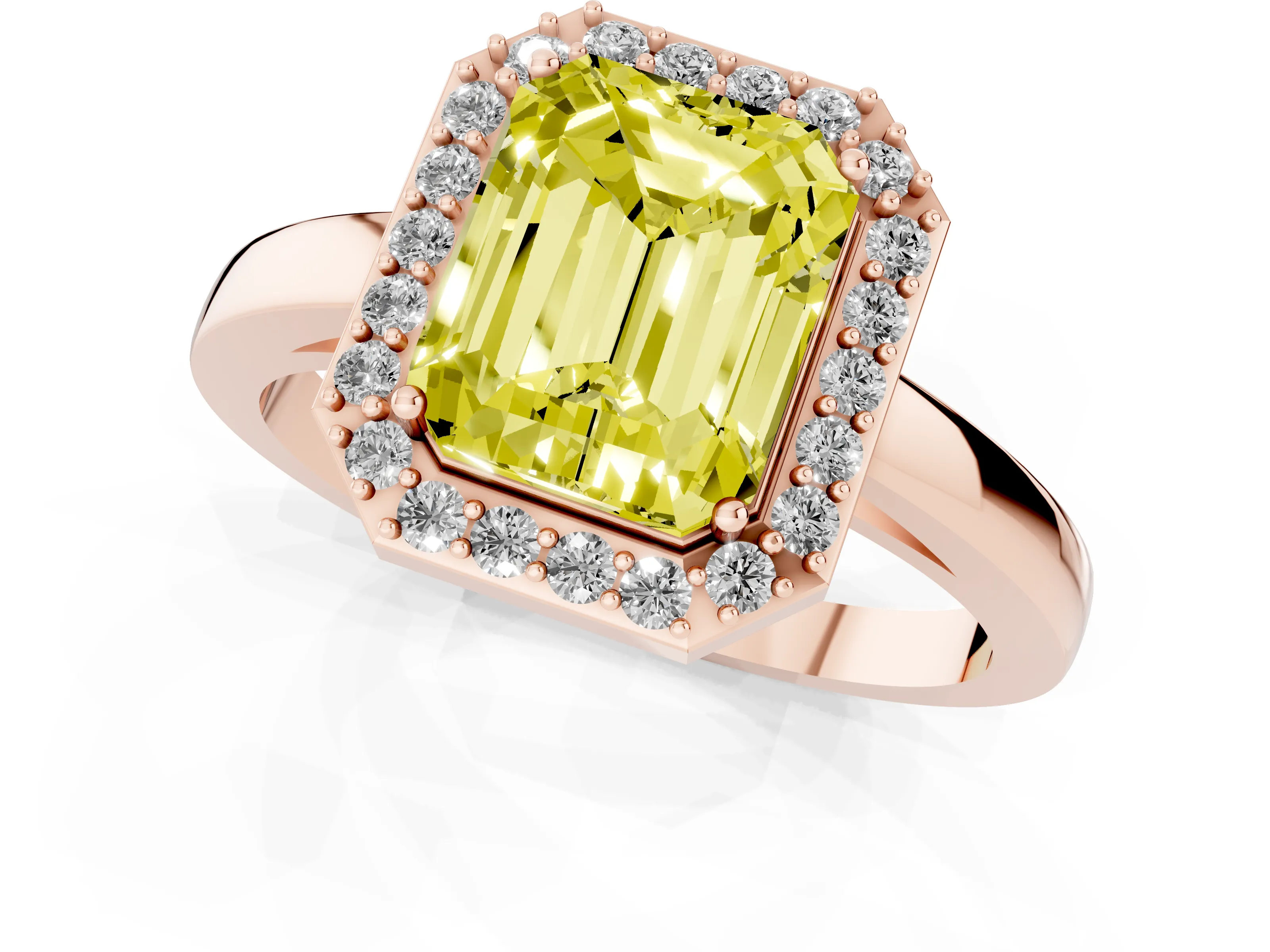 Fancy Yellow Radiant Cut Diamond Halo Ring Set in Rose gold with Solitaire Band and Prong Setting