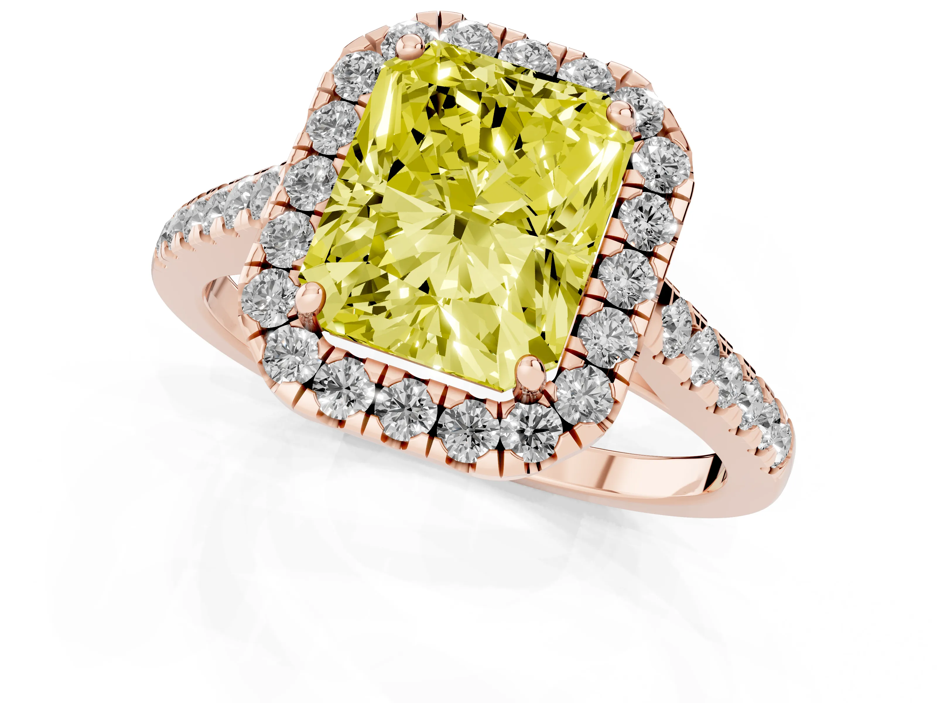 Fancy Yellow Radiant Cut Diamond Halo Pavé Engagement Ring Set in Rose gold with Prong Setting