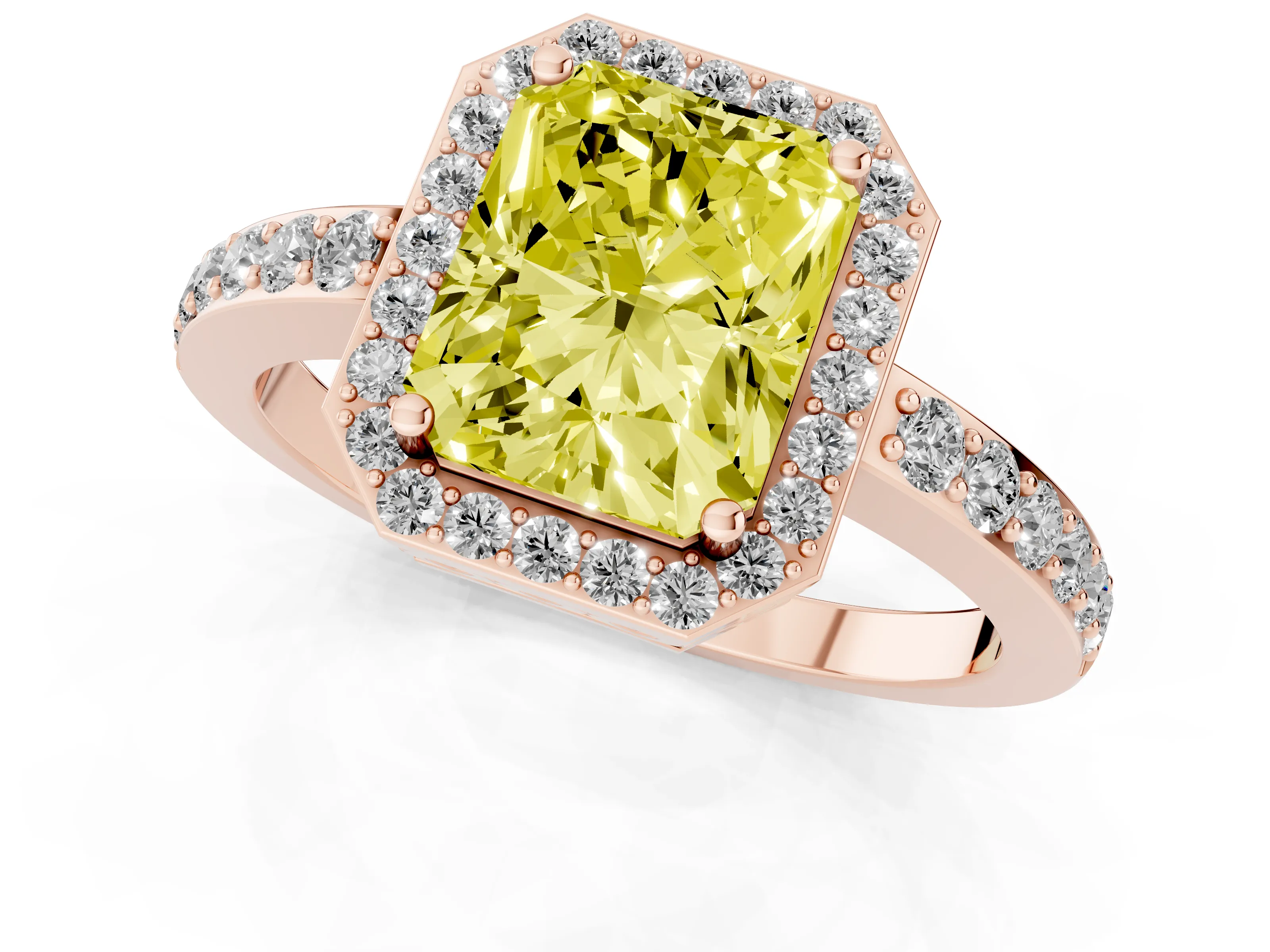 Fancy Yellow Radiant Cut Diamond Halo Ring Set in Rose gold with Pavé-Setting Band and Open Prong Center