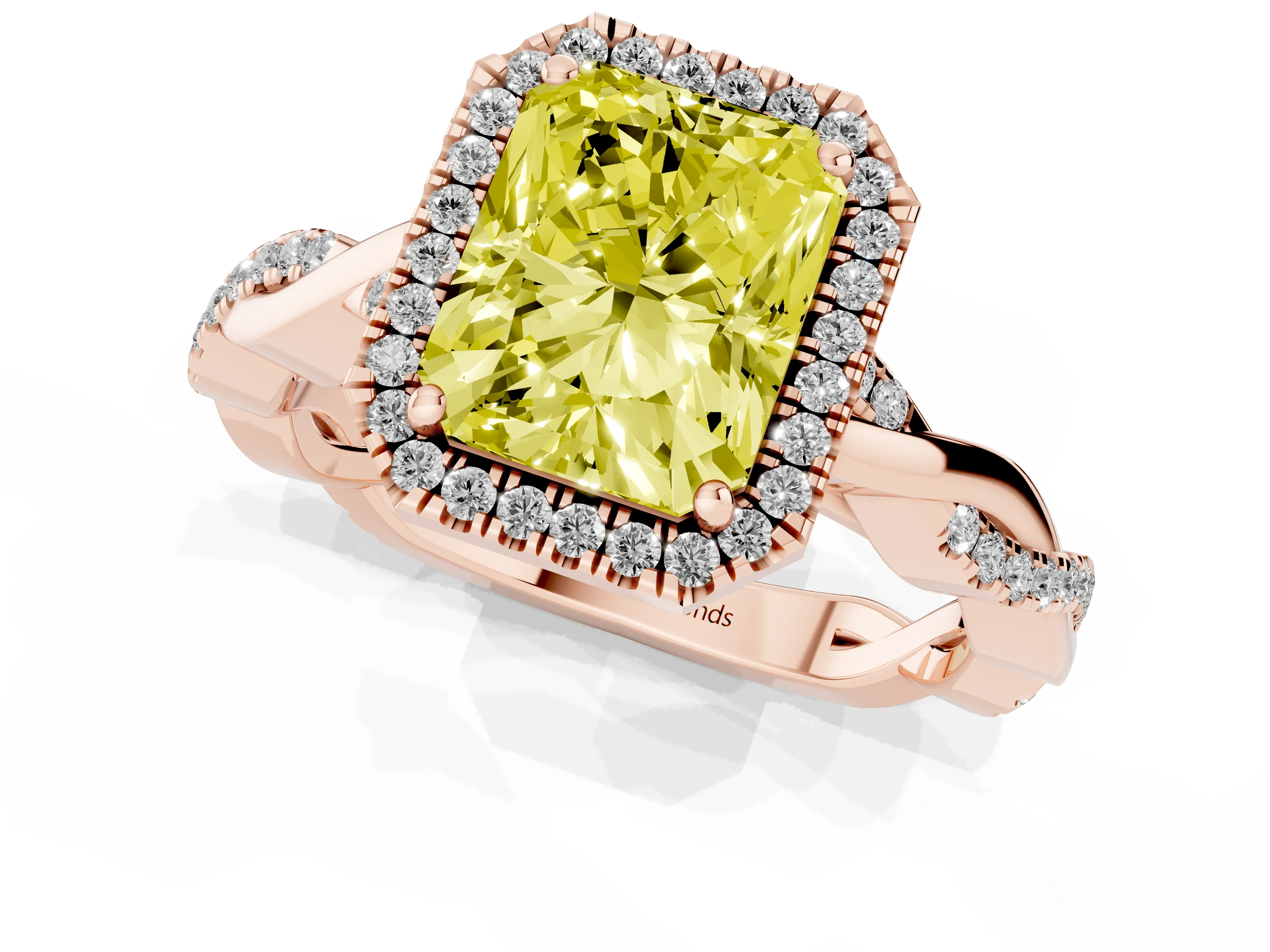 Fancy Yellow Radiant Cut Diamond Halo Twisted Band Ring Set in Rose gold with Prong Setting