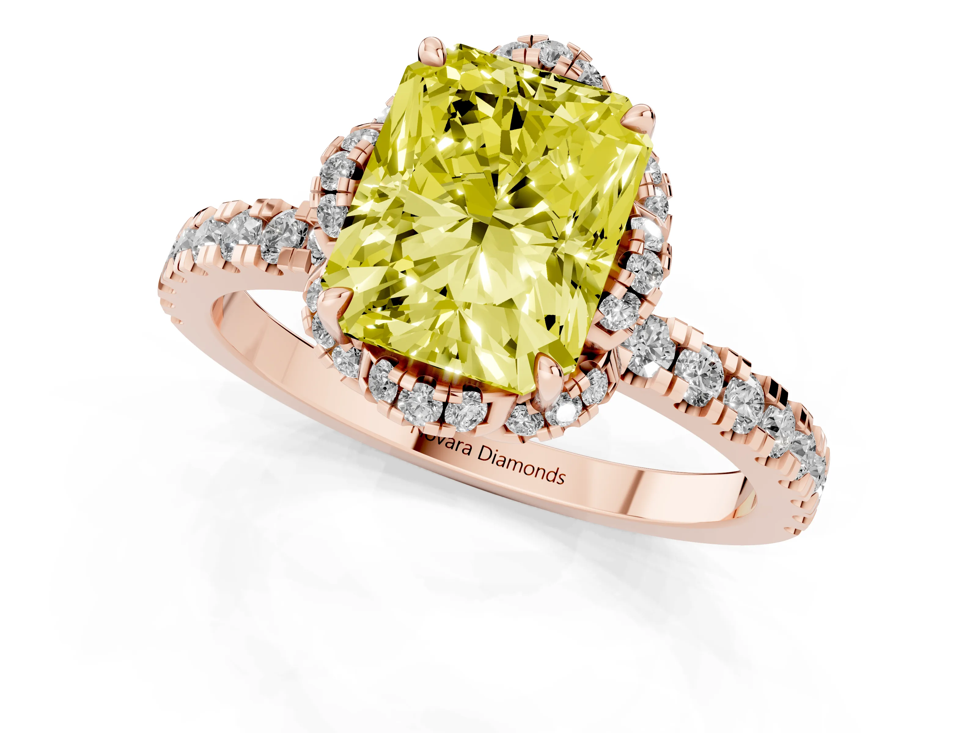 Fancy Yellow Radiant Cut Diamond Halo Pavé Band Ring Set in Rose gold with Prong-Held Center