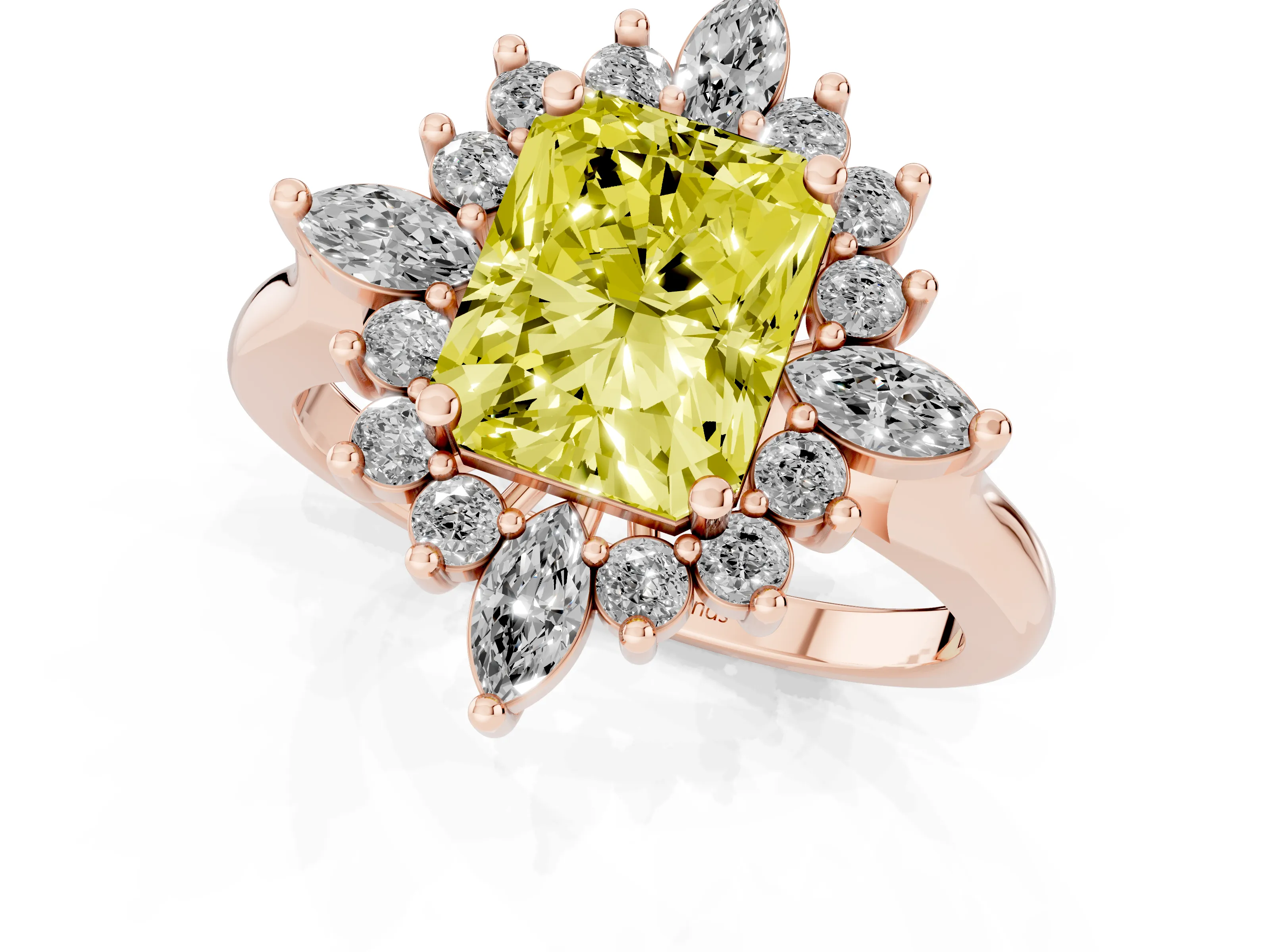 Fancy Yellow Radiant Cut Diamond Cluster Halo Ring Set in Rose gold with Marquise and Round Accents