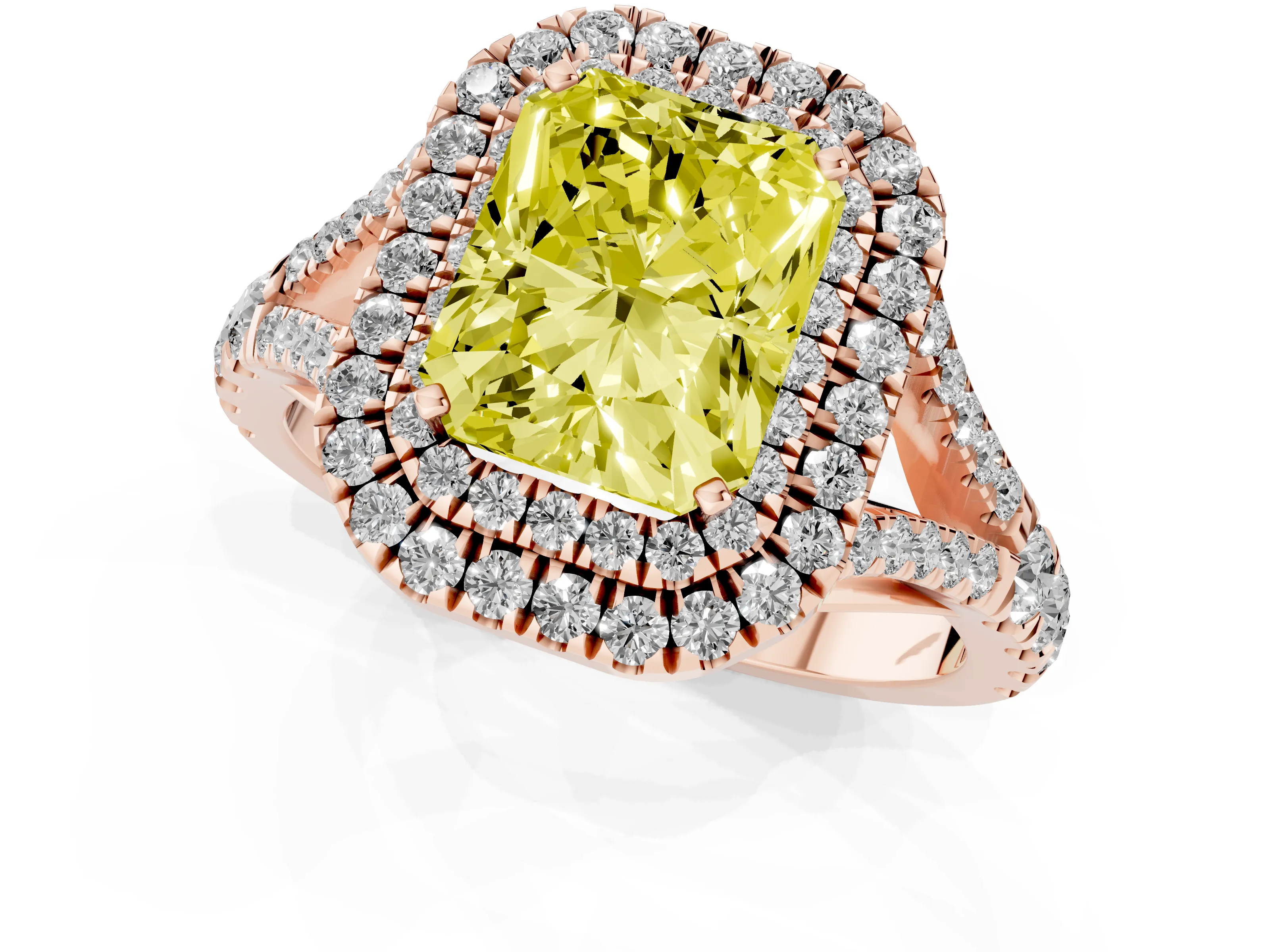 Fancy Yellow Radiant Cut Diamond Pavé Split Shank Double Halo Engagement Ring Set in Rose gold