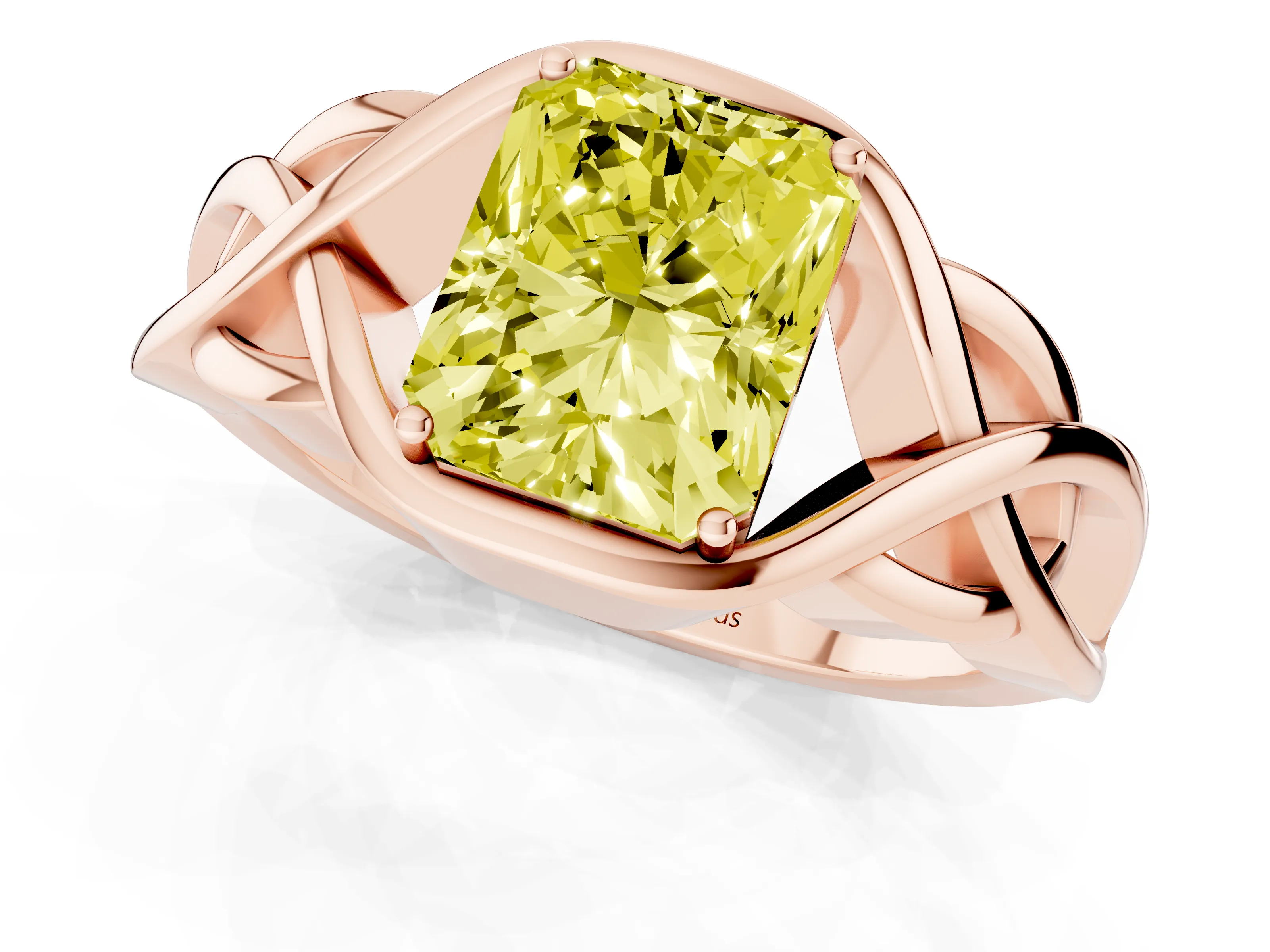 Fancy Yellow Radiant Cut Diamond Solitaire Ring Set in Rose gold with Intertwined Band