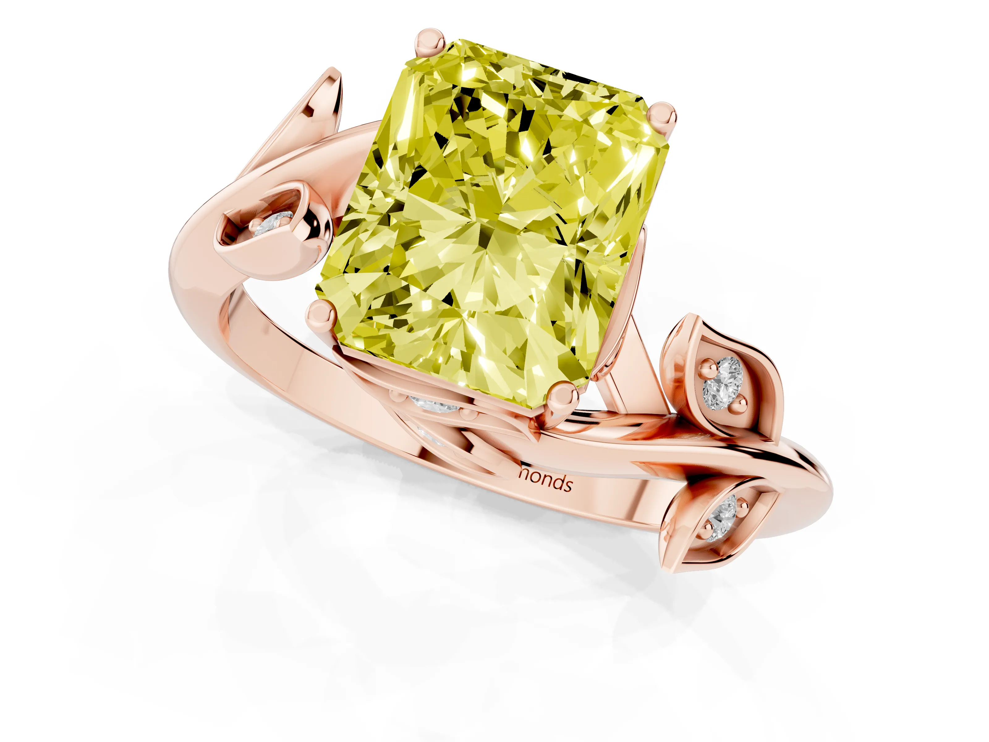 Fancy Yellow Radiant Cut Diamond Solitaire Twist Engagement Ring Set in Rose gold with Pavé Leaf Accents