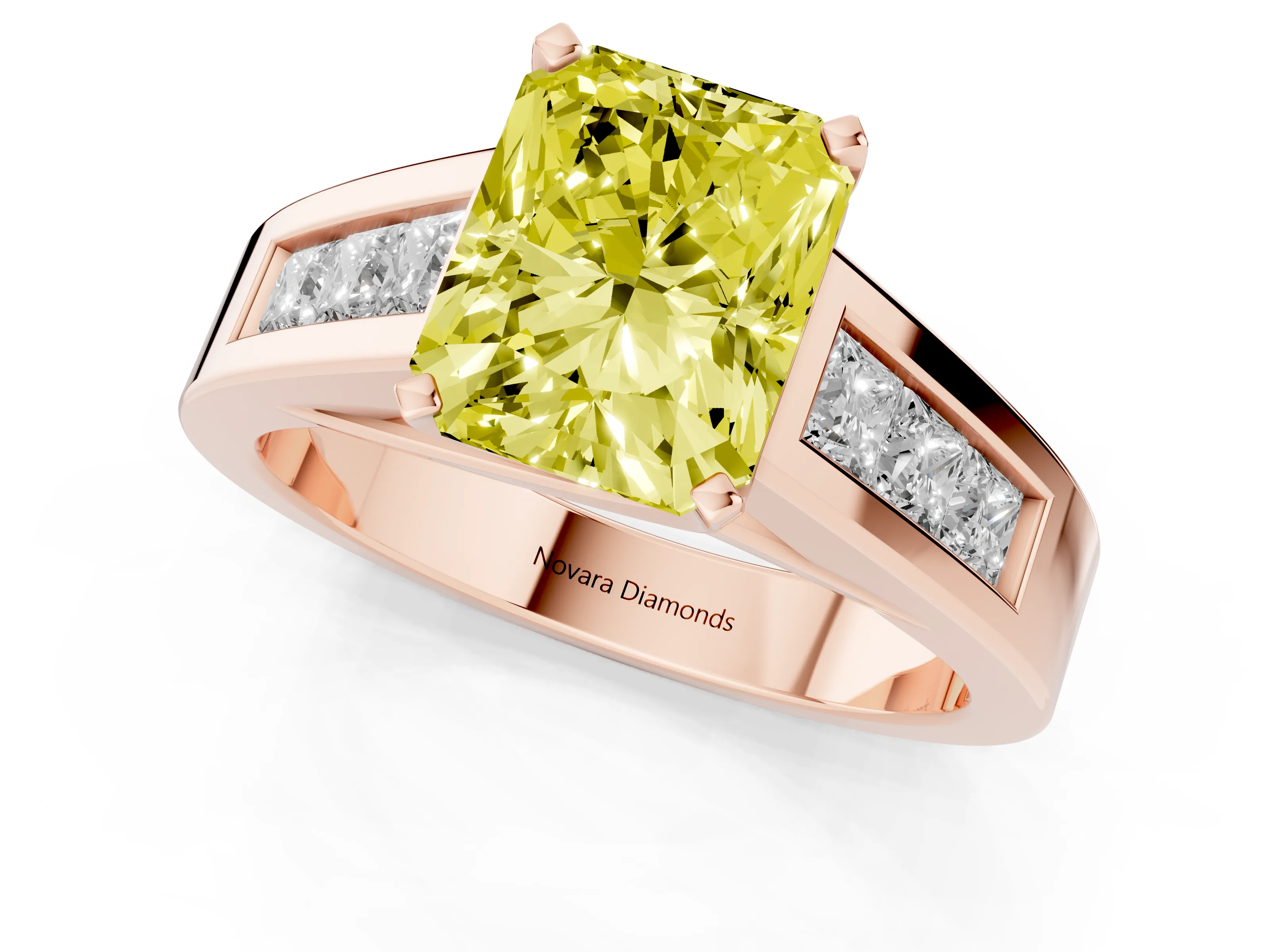 Fancy Yellow Radiant Cut Diamond Solitaire Ring Set in Rose gold with Channel-Set Accent Stones and Prong Setting