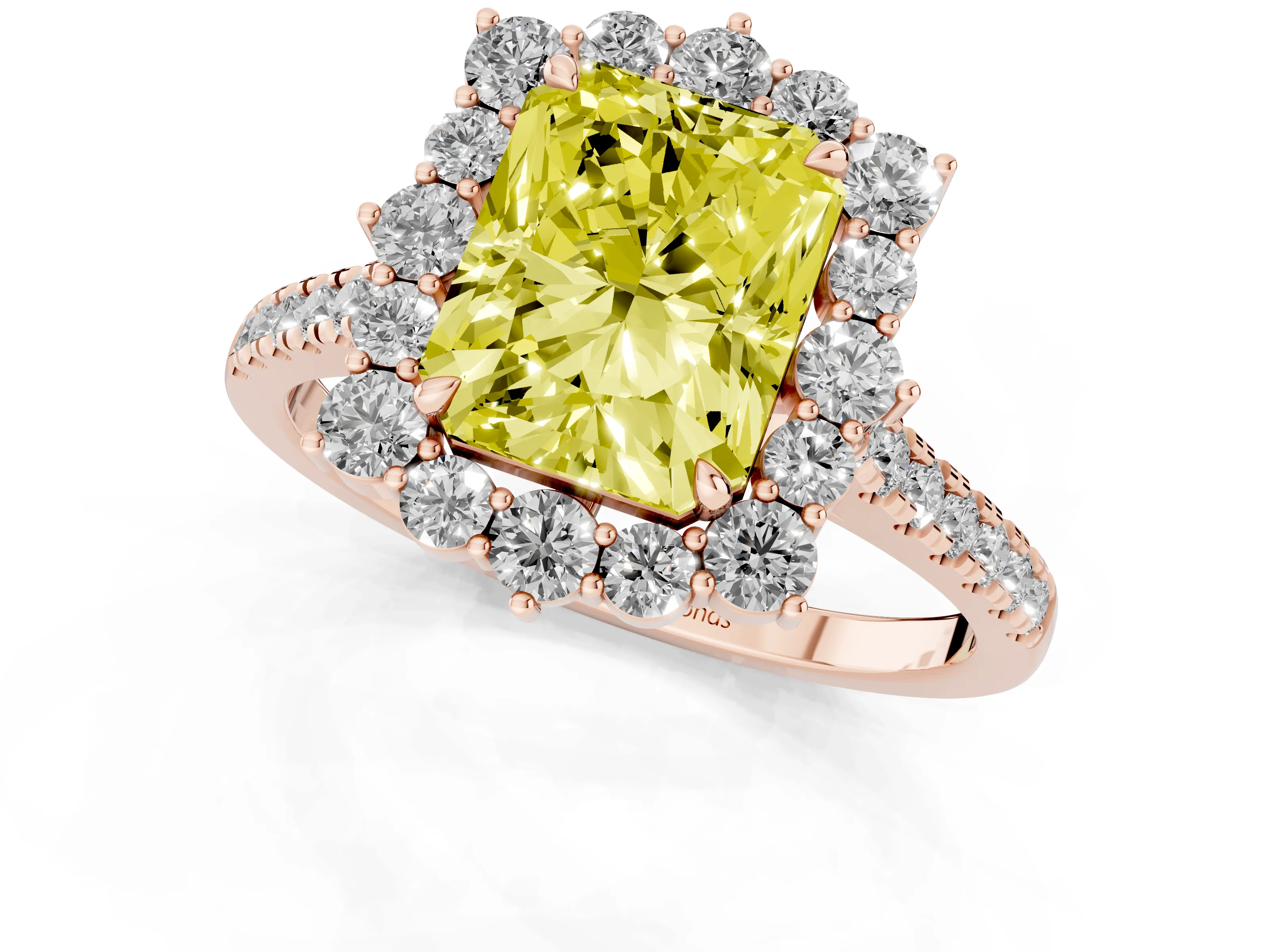 Fancy Yellow Radiant Cut Diamond Halo Ring Set in Rose gold with Pavé Band and Prong Setting