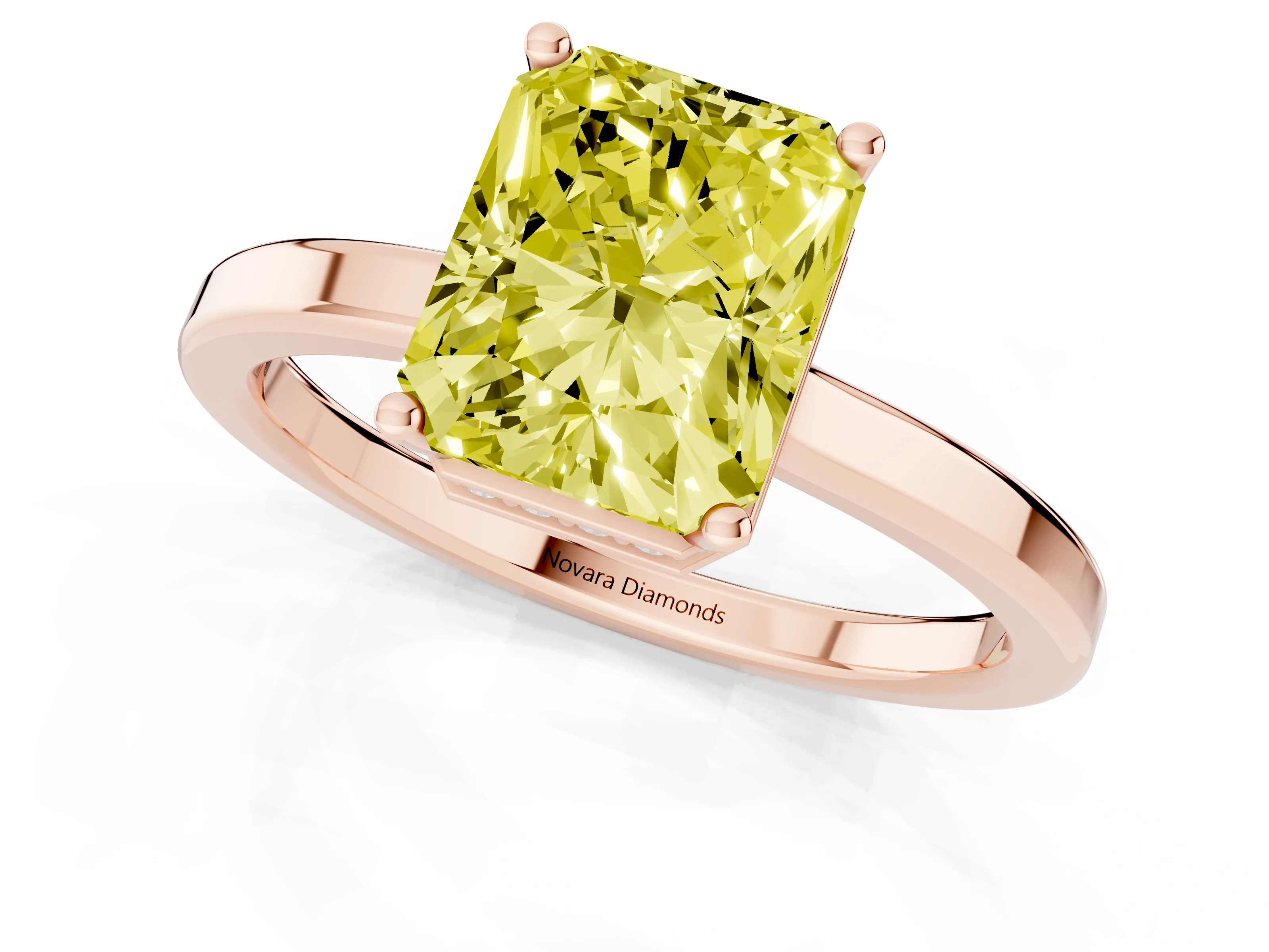 Fancy Yellow Radiant Cut Diamond Solitaire Engagement Ring Set in Rose gold with Prong Setting on a Plain Band