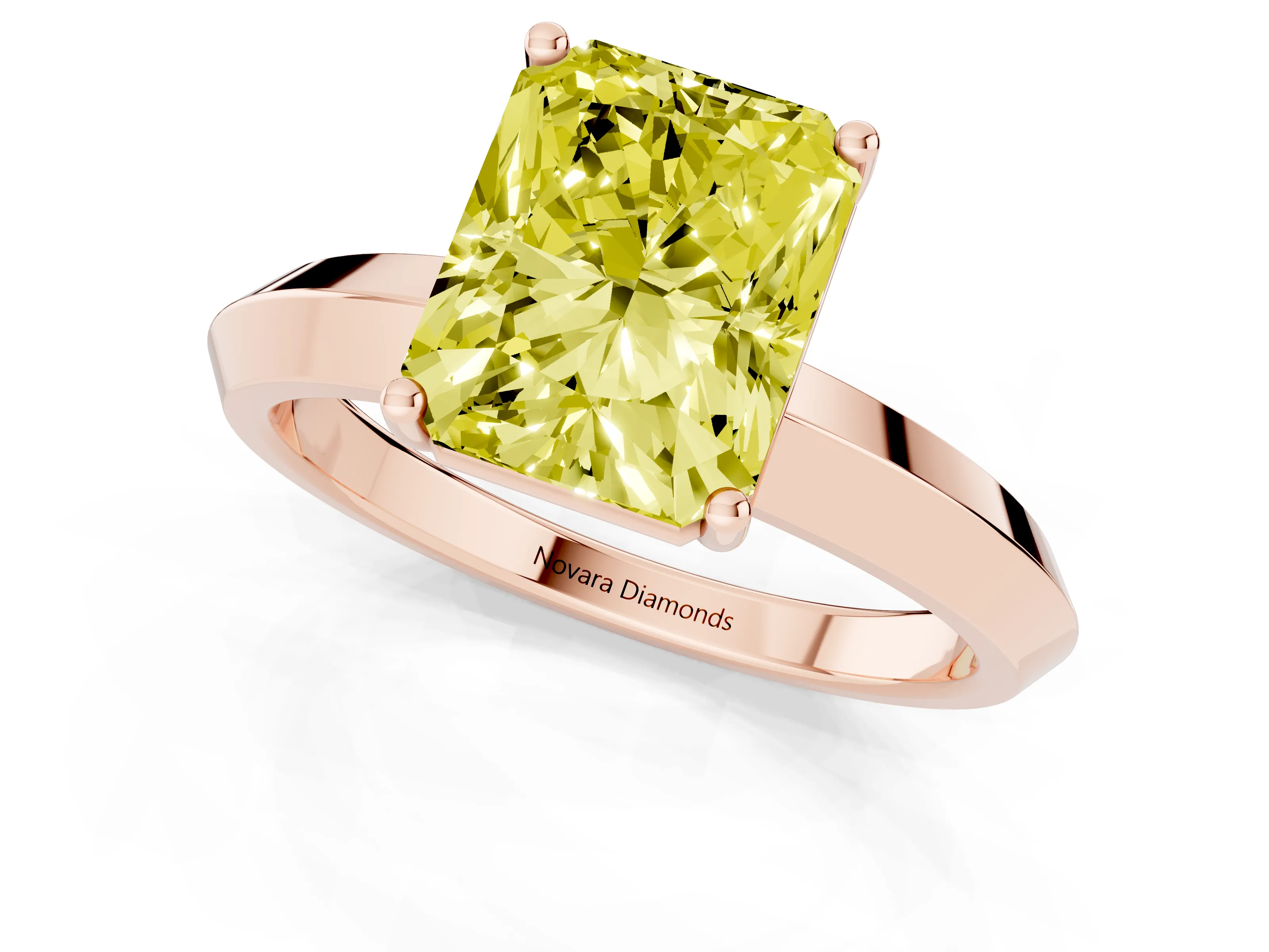 Fancy Yellow Radiant Cut Diamond Solitaire Engagement Ring Set in Rose gold with Flat Band and Prong Setting