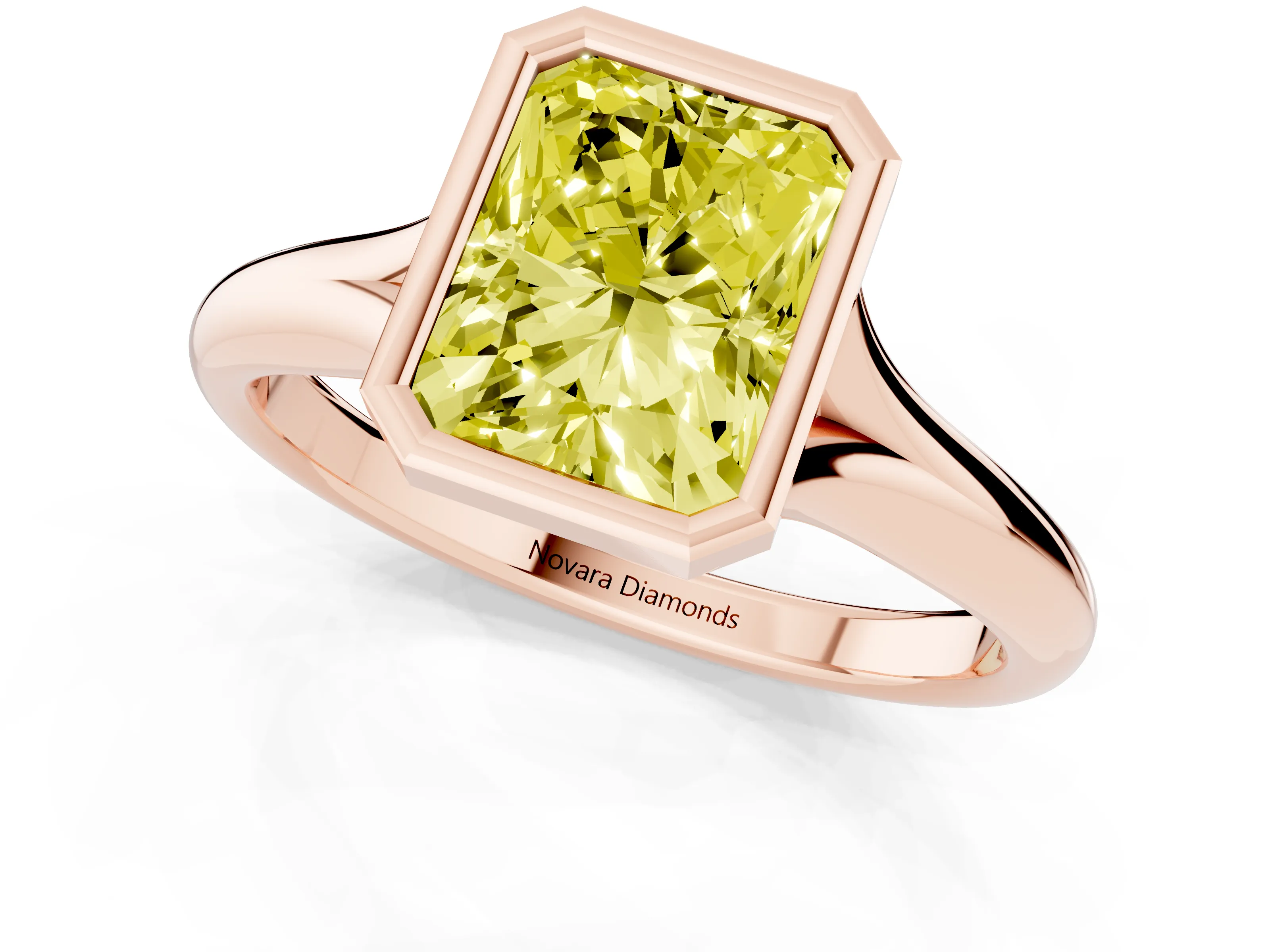 Fancy Yellow Bezel Set Radiant Cut Diamond Solitaire Ring Set in Rose gold with Smooth Band