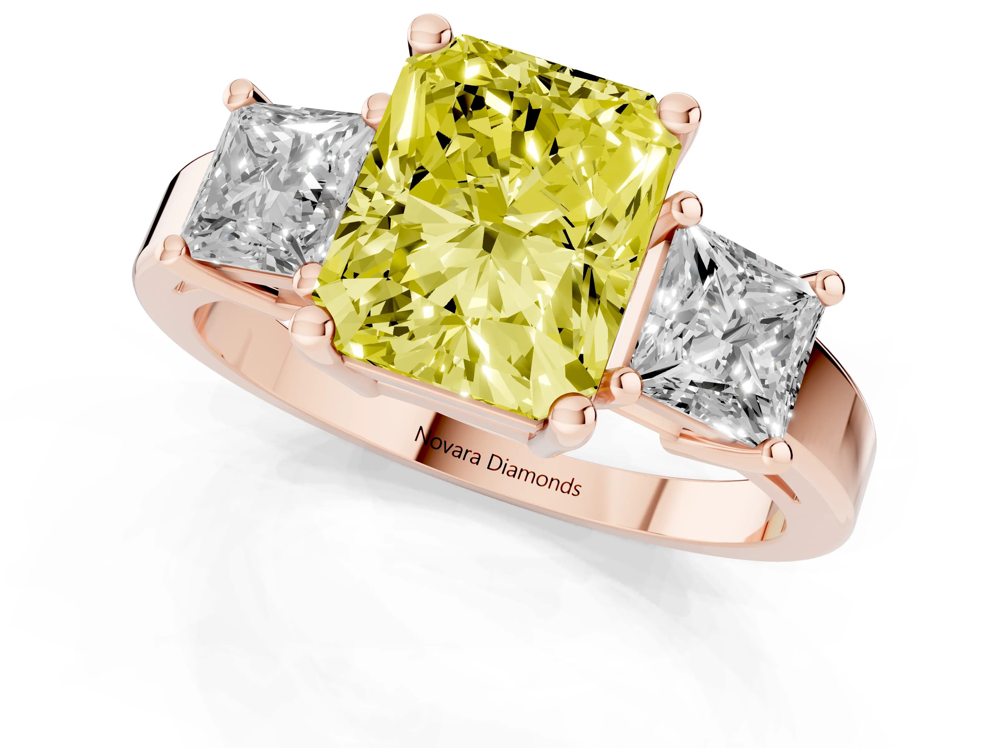 Fancy Yellow Three-Stone Radiant Cut Diamond Solitaire Ring Set in Rose gold with Prong Setting