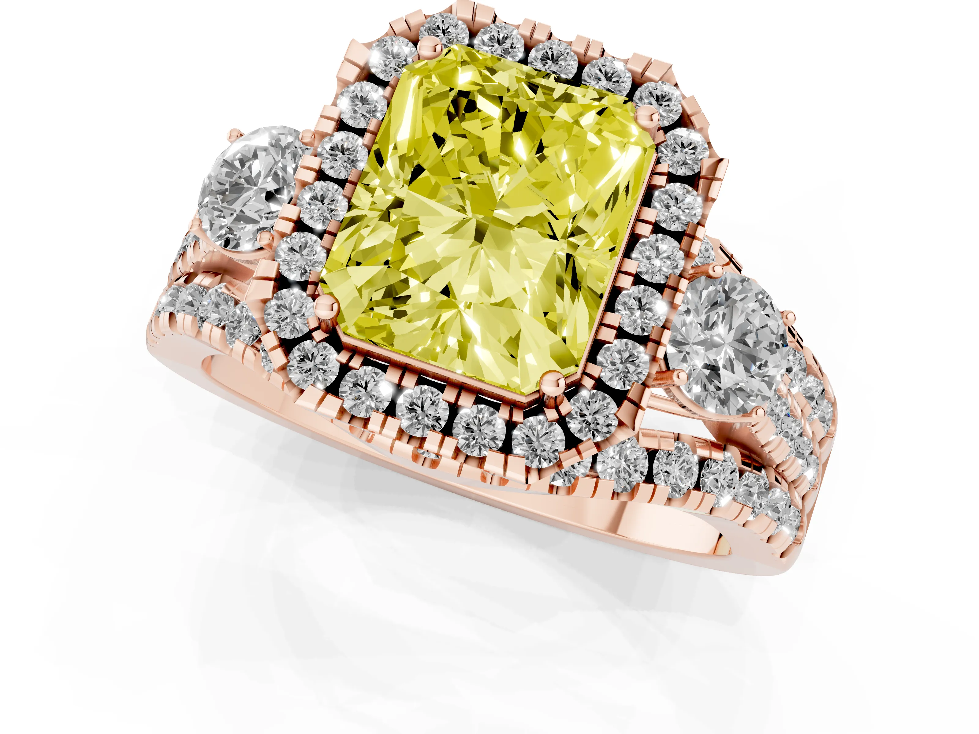 Fancy Yellow Radiant Cut Diamond Halo Split Shank Ring Set in Rose gold with Round Accent Stones and Prong Setting