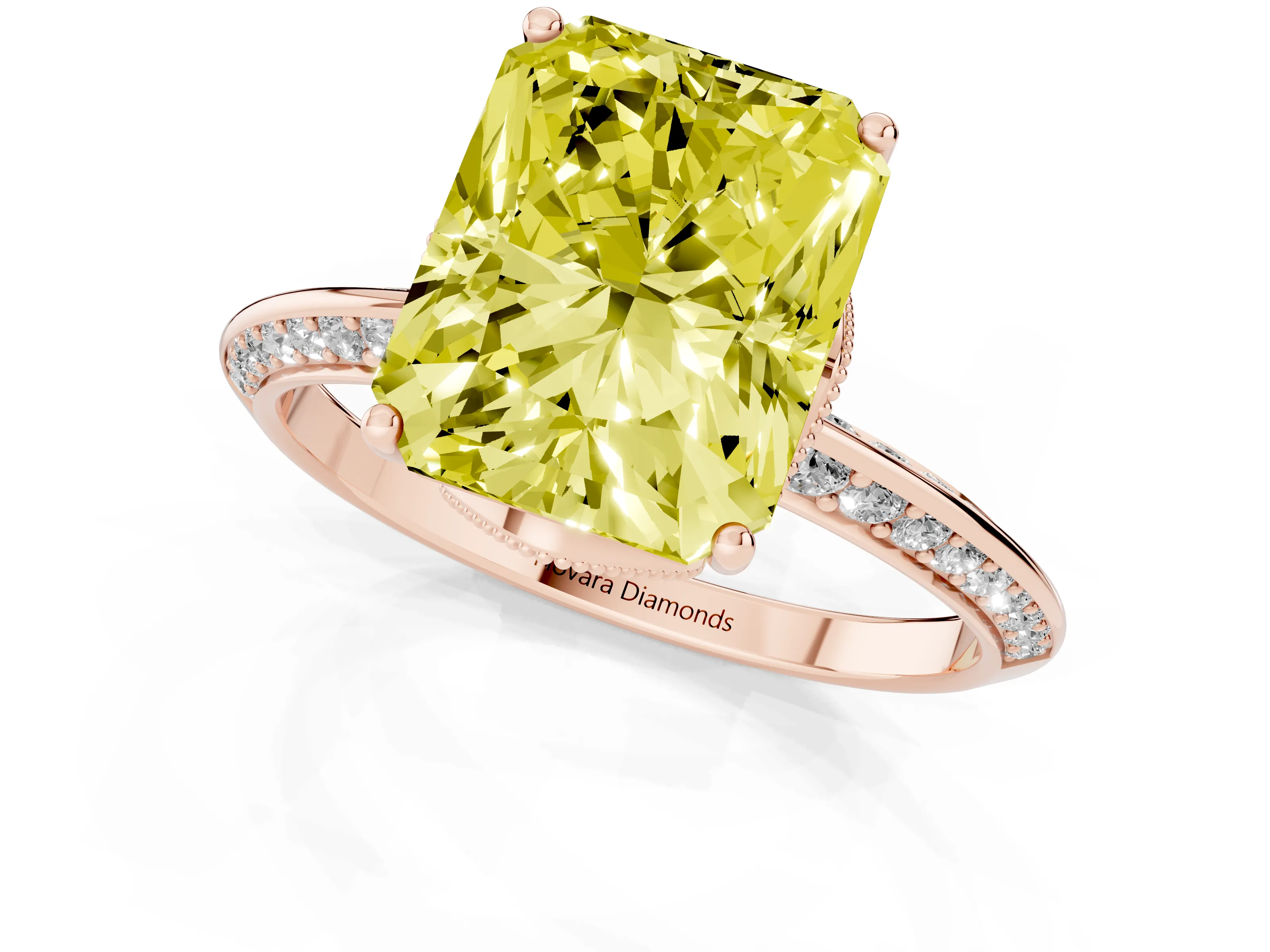 Fancy Yellow Radiant Cut Diamond Solitaire Engagement Ring Set in Rose gold with Pavé Split Shank and Prong Setting