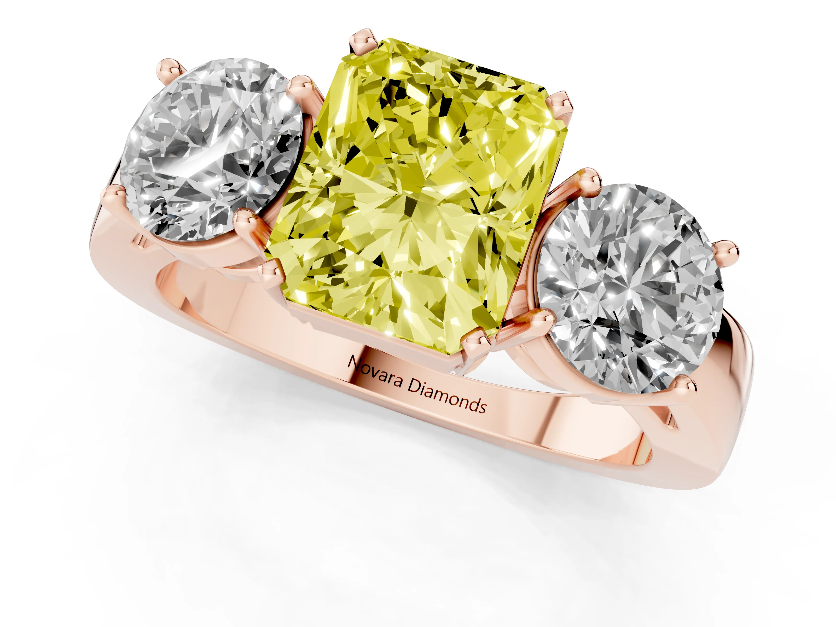 Fancy Yellow Radiant Cut Diamond Three-Stone Ring Set in Rose gold with Round Side Stones and Classic Band