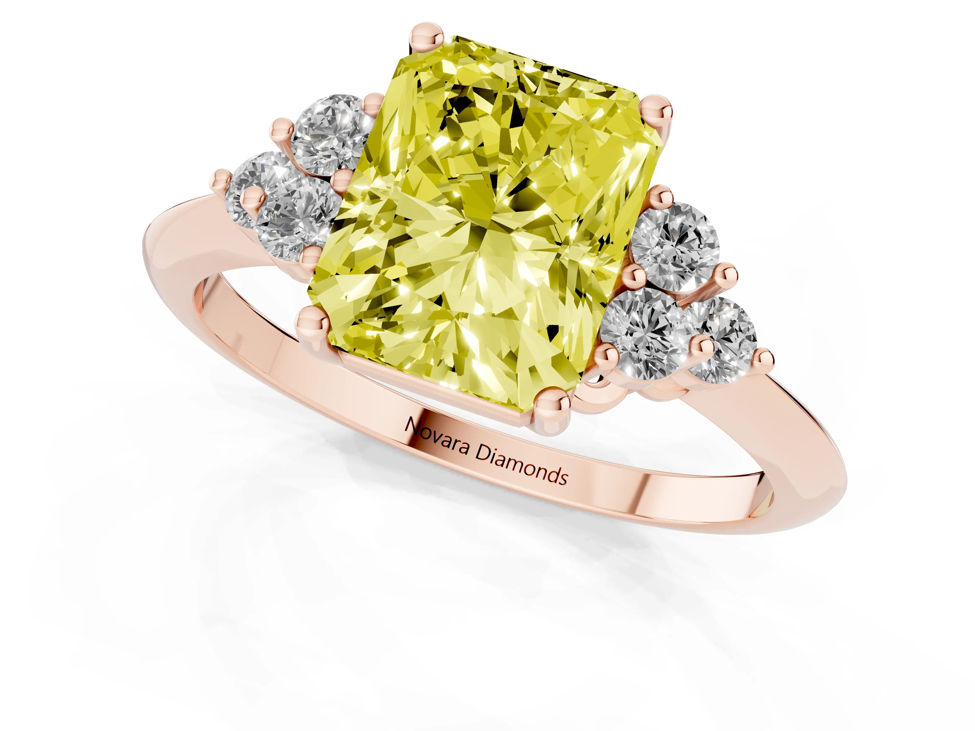 Fancy Yellow Radiant Cut Diamond Cluster Ring Set in Rose gold with Plain Band and Prong Setting